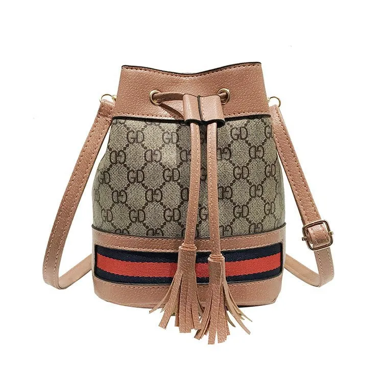 Old Flower Drawstring Hit Color Bucket Bag Casual Tassel Single Shoulder Messenger Bag