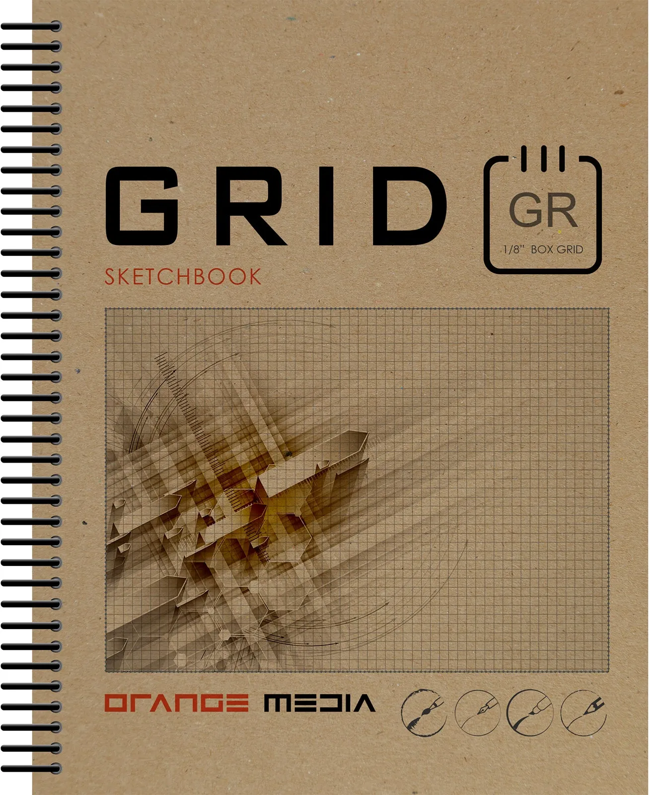 Orange Media GRID Sketchbook. Spiral Bound. Left Spine. Multi-Media. (8.5" x 11") 1/8" BOX. (GREY). SB-2550-LS