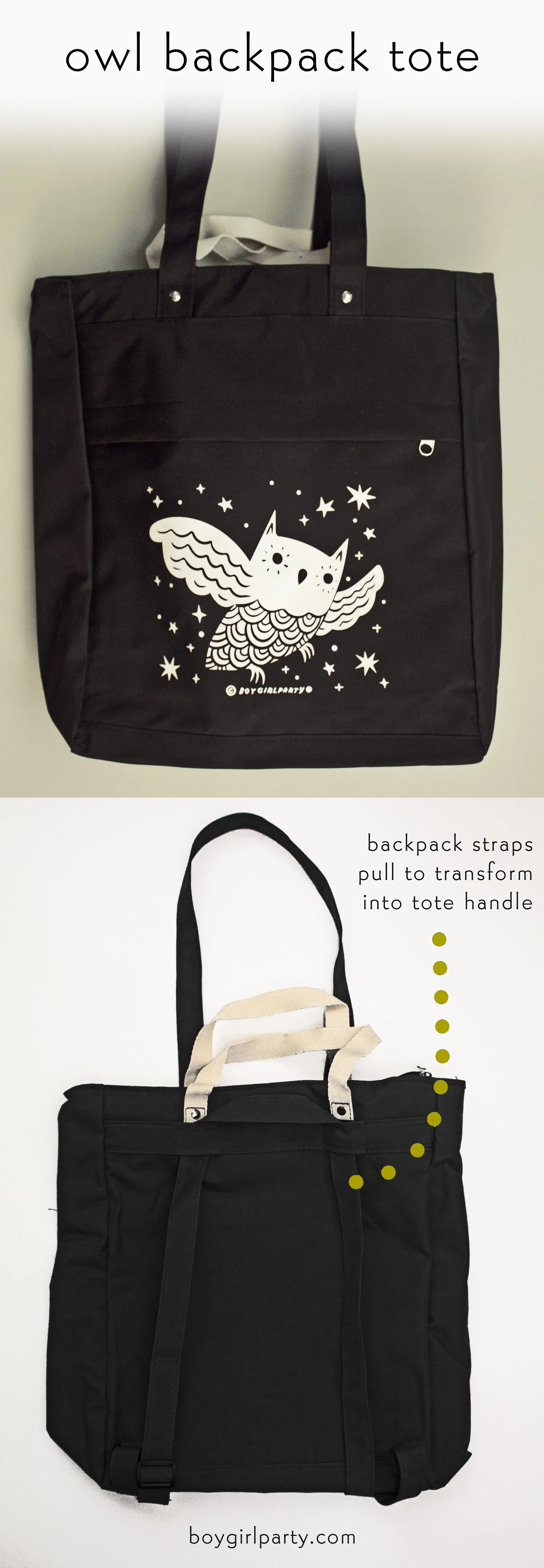 Owl Backpack Tote Bag — Convertible Satchel Bag by boygirlparty