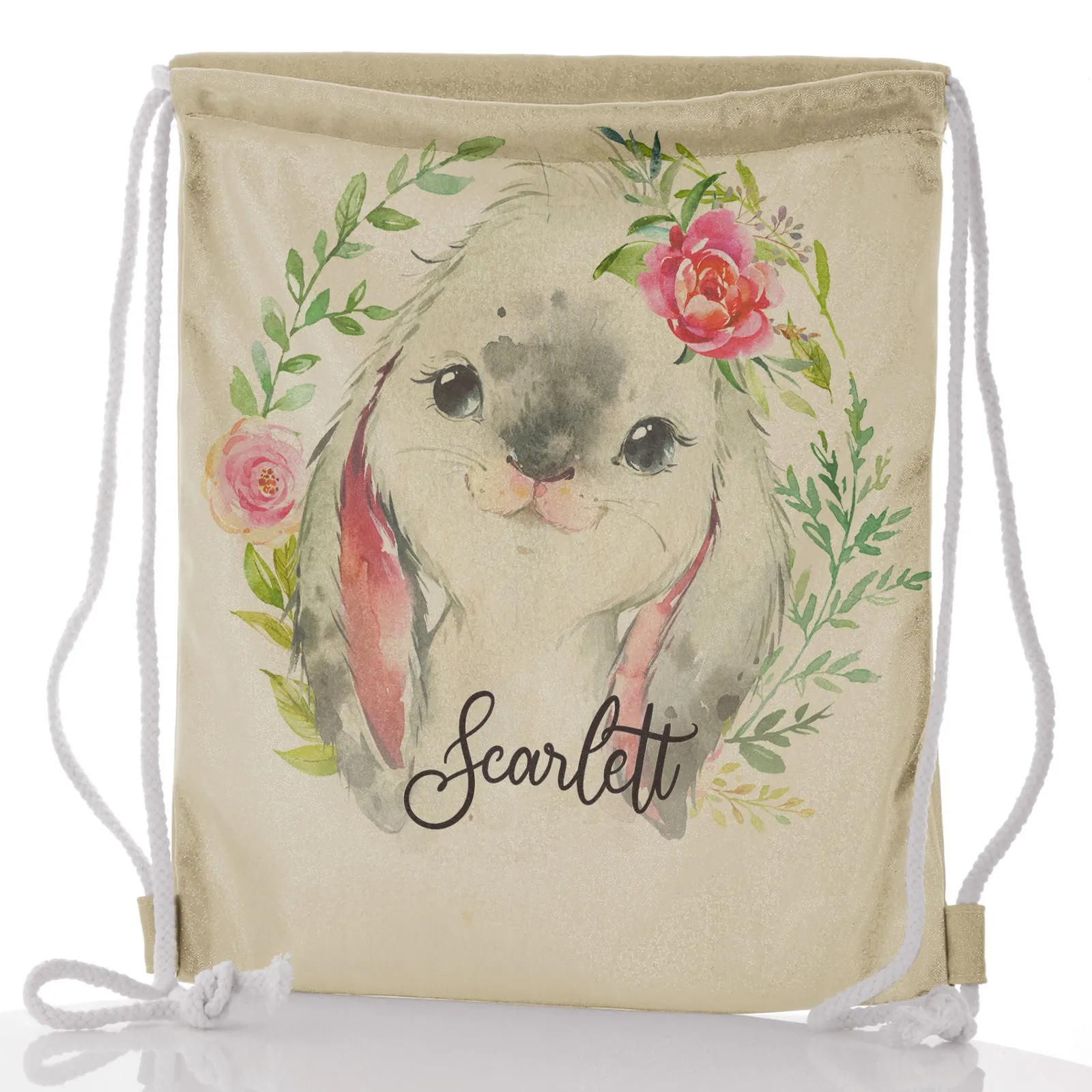 Personalised Glitter Drawstring Backpack with Grey Rabbit Flower Wreath and Cute Text