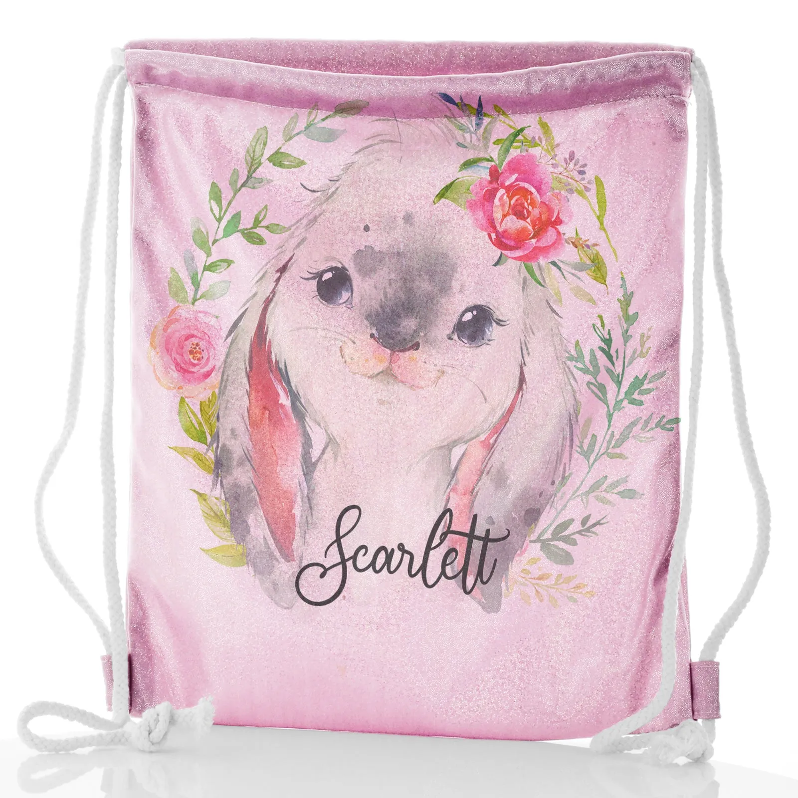 Personalised Glitter Drawstring Backpack with Grey Rabbit Flower Wreath and Cute Text