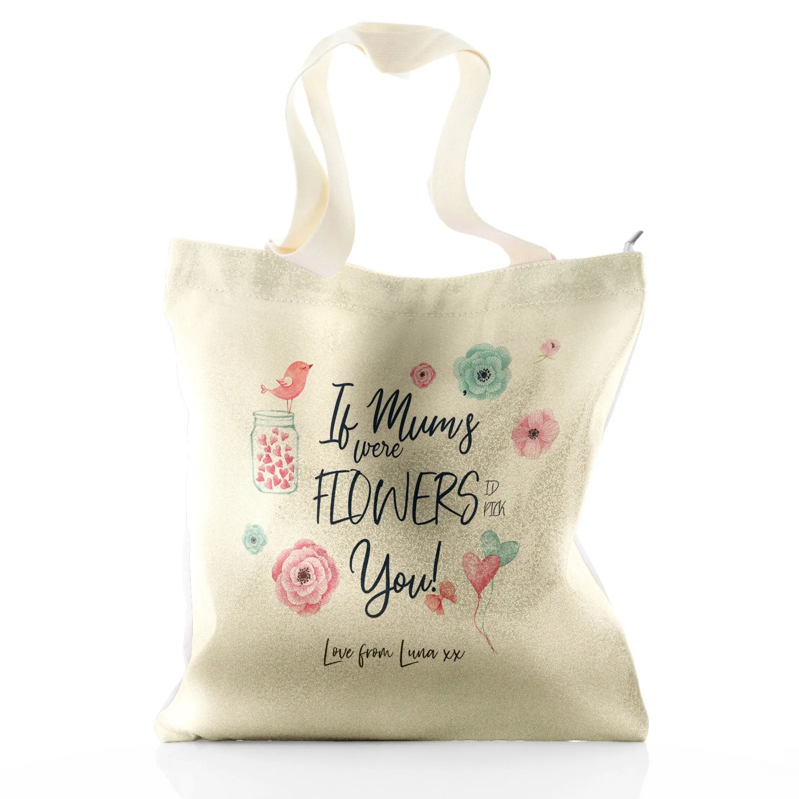 Personalised Glitter Tote Bag with Stylish Text and Flowers Love Message