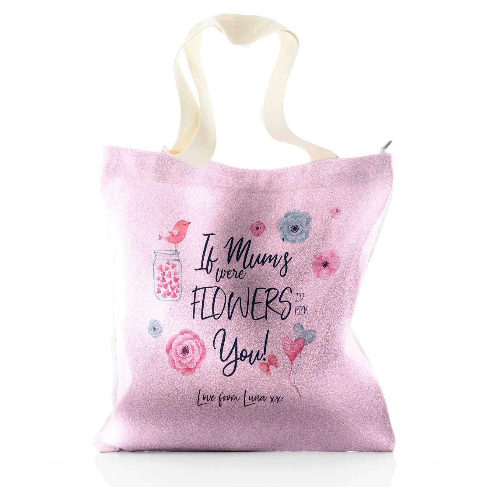 Personalised Glitter Tote Bag with Stylish Text and Flowers Love Message