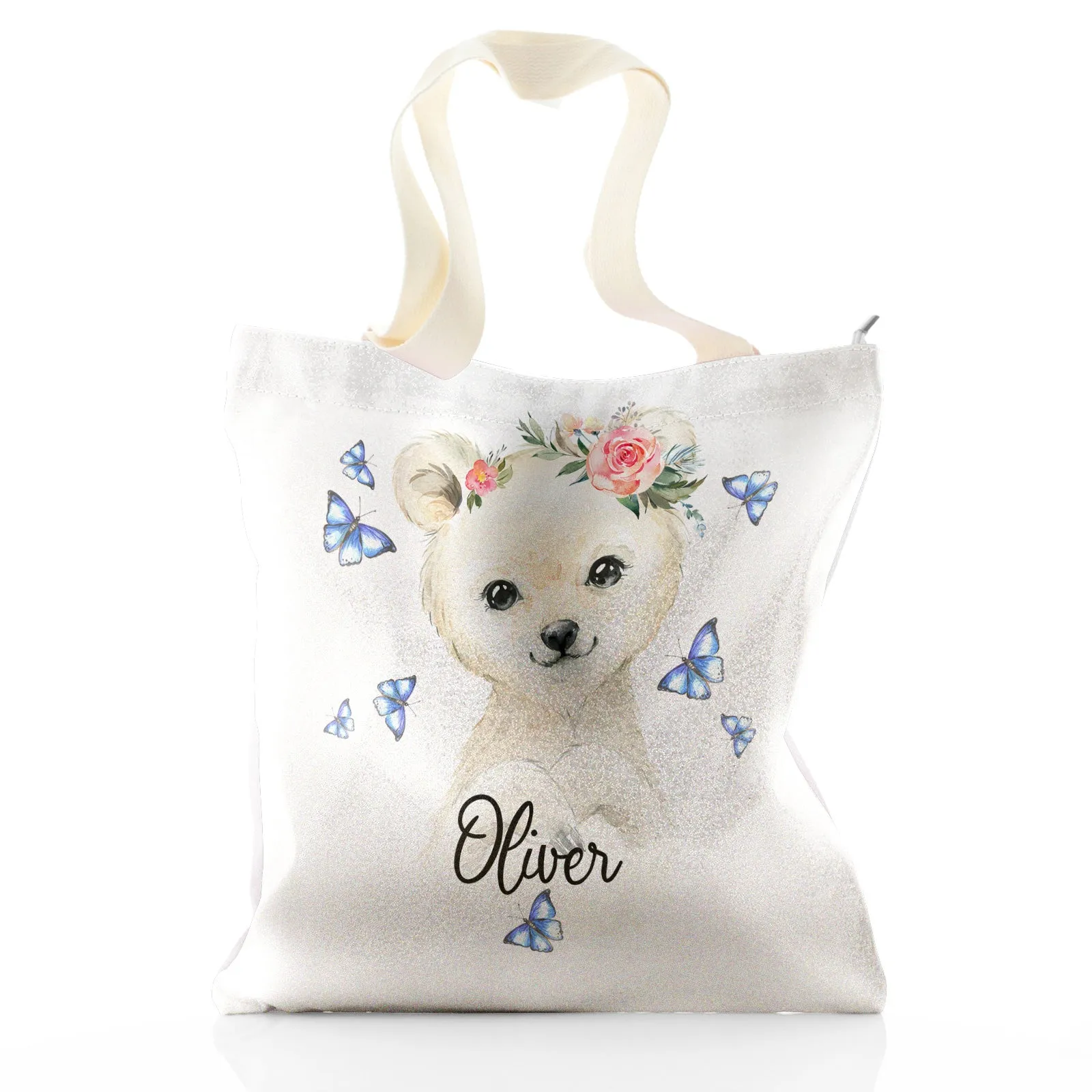 Personalised Glitter Tote Bag with White Polar Bear Blue Butterflies and Cute Text