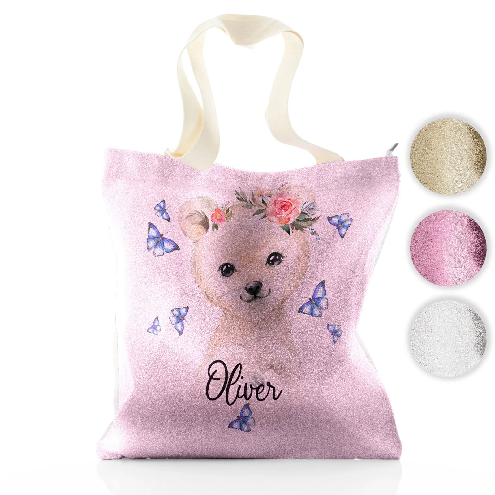Personalised Glitter Tote Bag with White Polar Bear Blue Butterflies and Cute Text