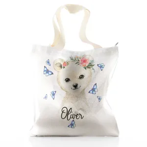 Personalised Glitter Tote Bag with White Polar Bear Blue Butterflies and Cute Text