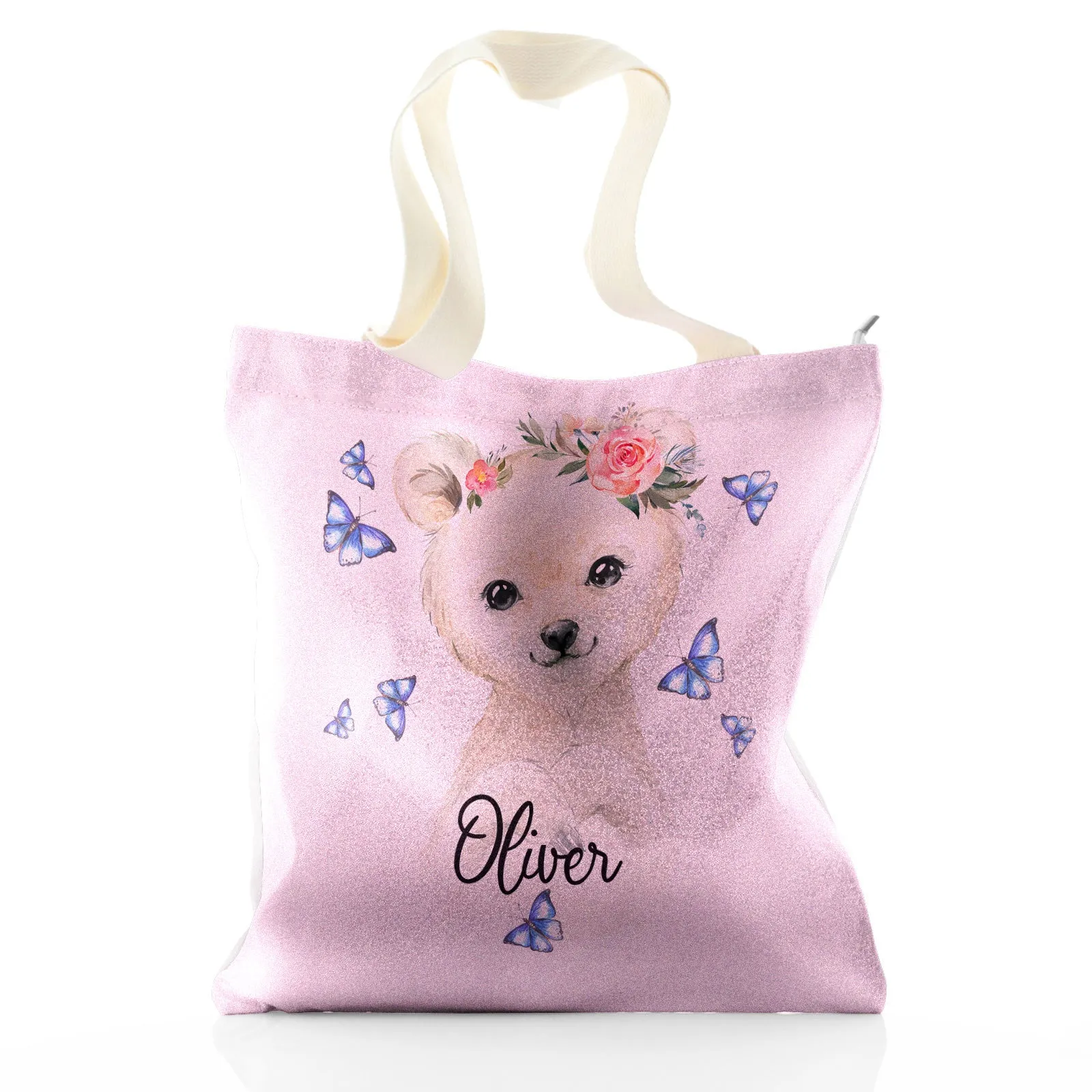 Personalised Glitter Tote Bag with White Polar Bear Blue Butterflies and Cute Text