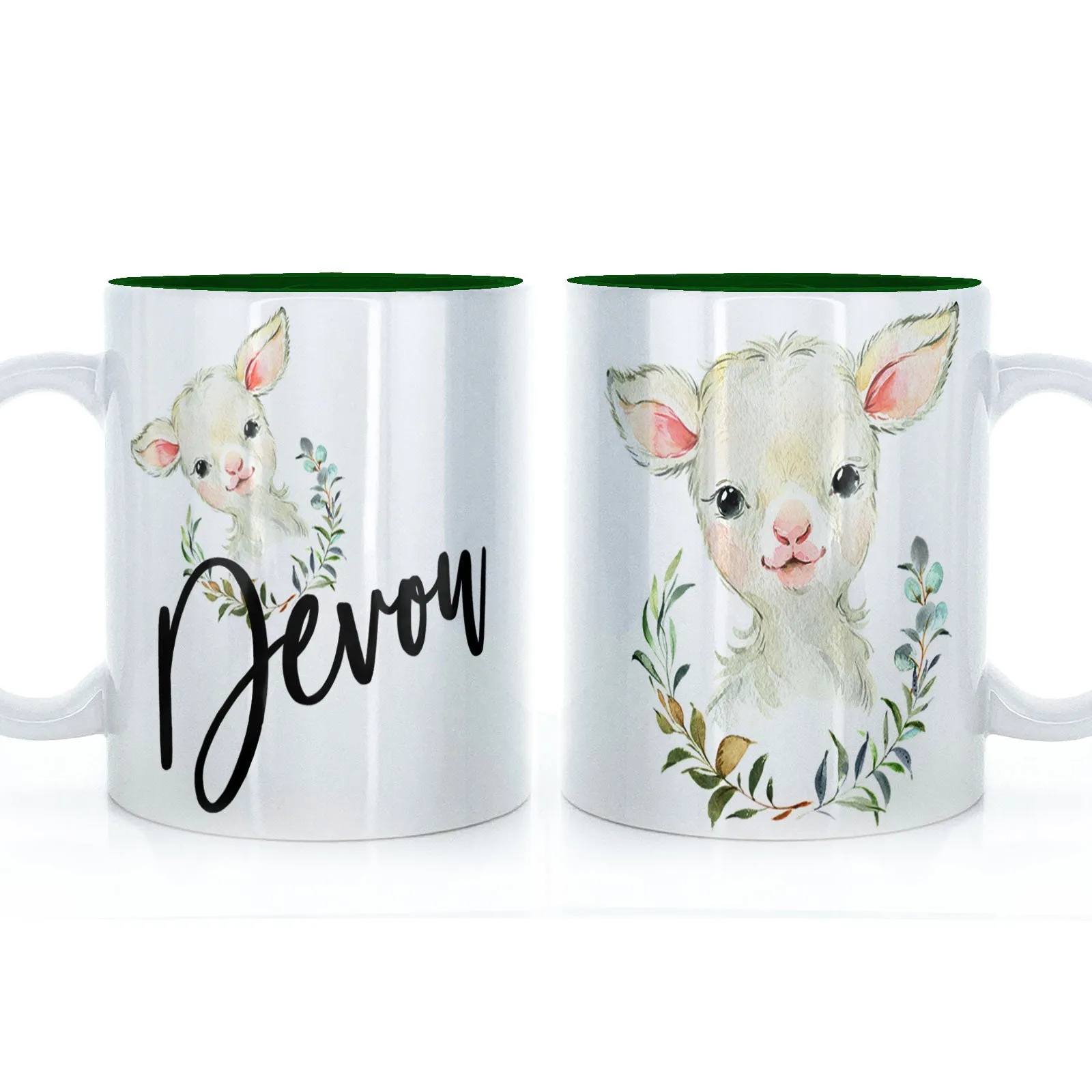 Personalised Mug with Stylish Text and Wreath Lamb