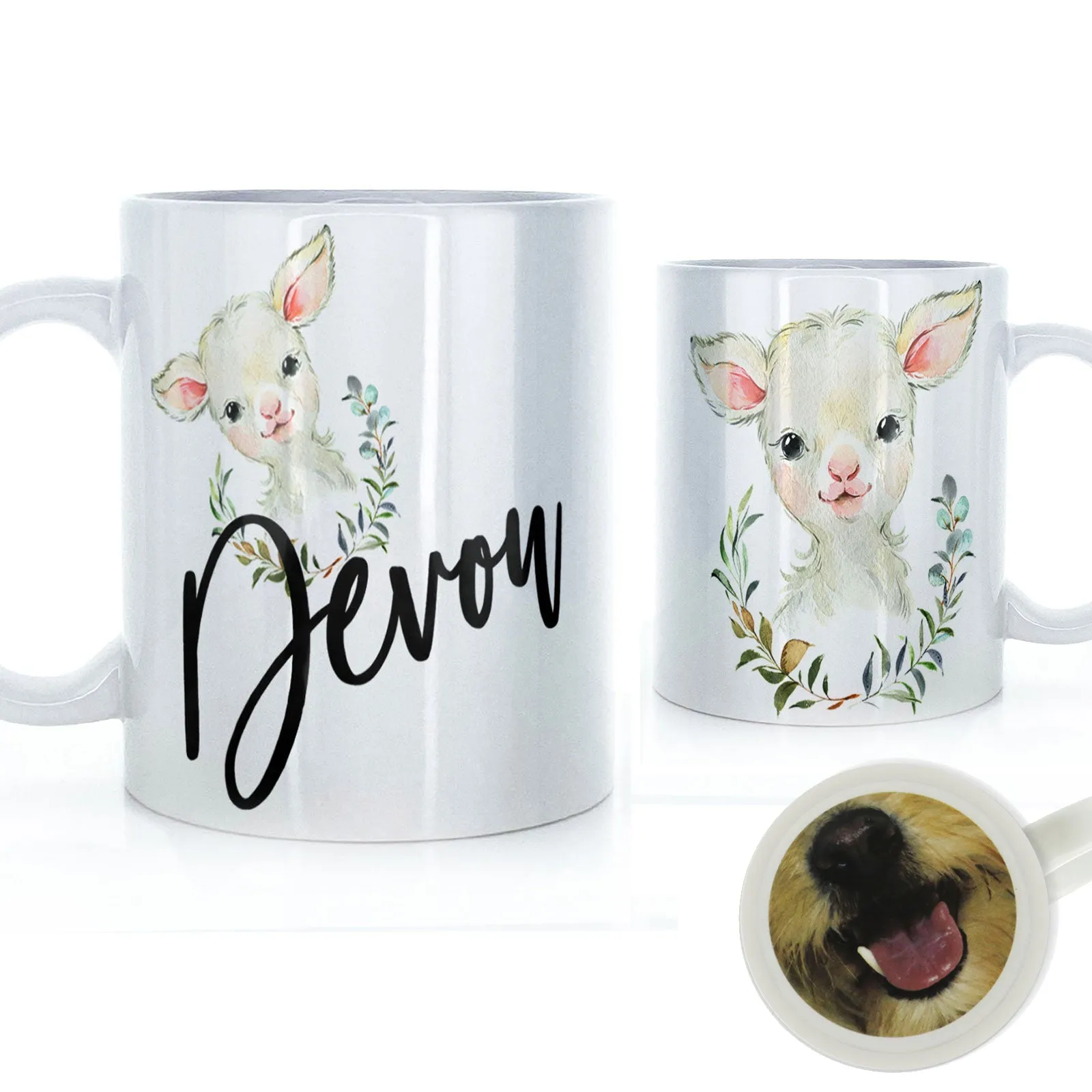 Personalised Mug with Stylish Text and Wreath Lamb