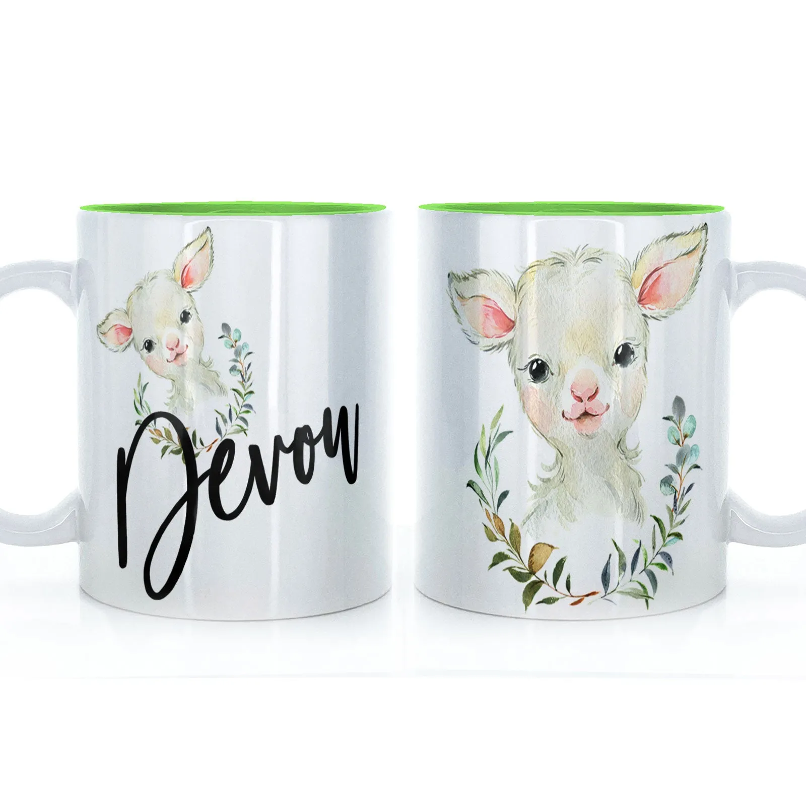 Personalised Mug with Stylish Text and Wreath Lamb