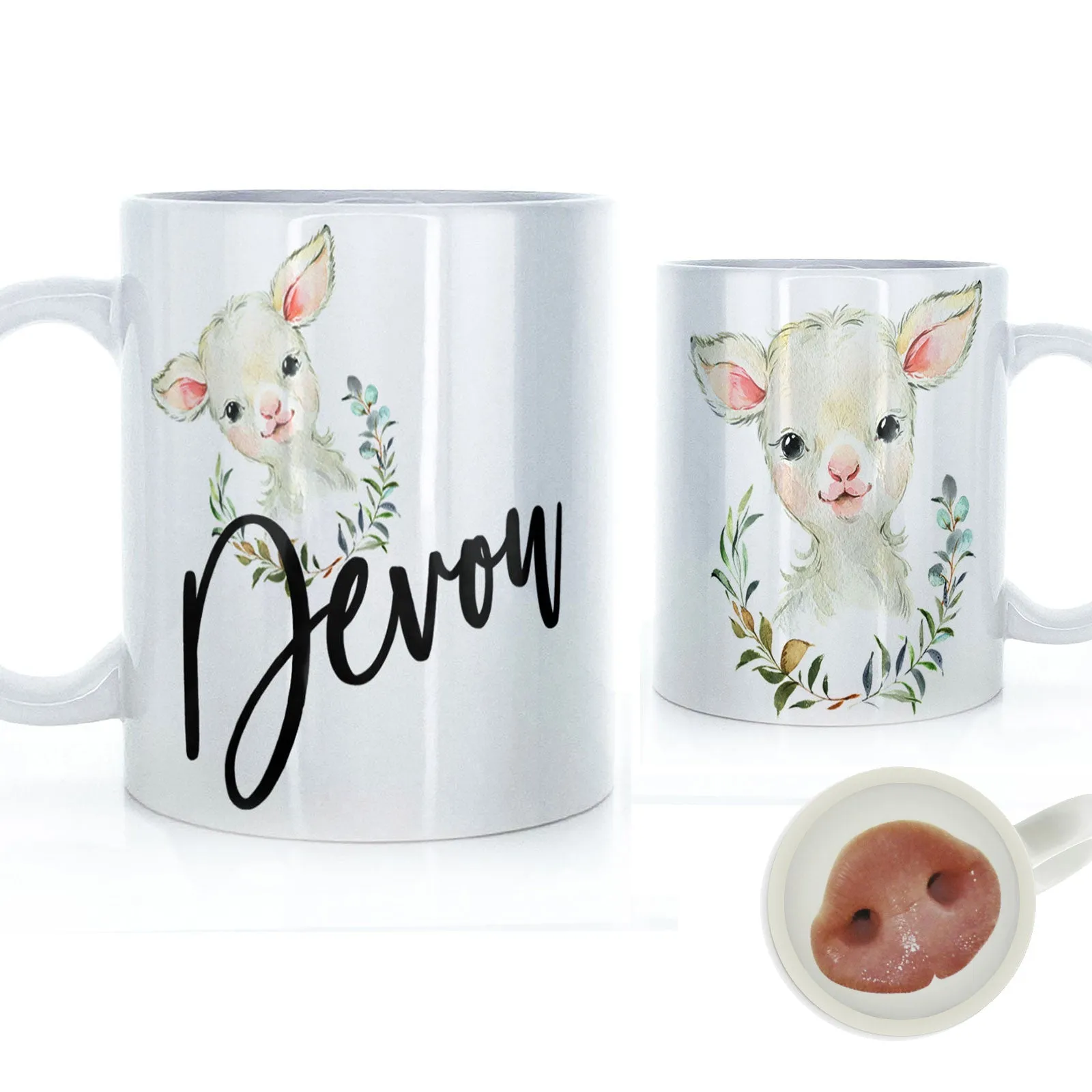 Personalised Mug with Stylish Text and Wreath Lamb