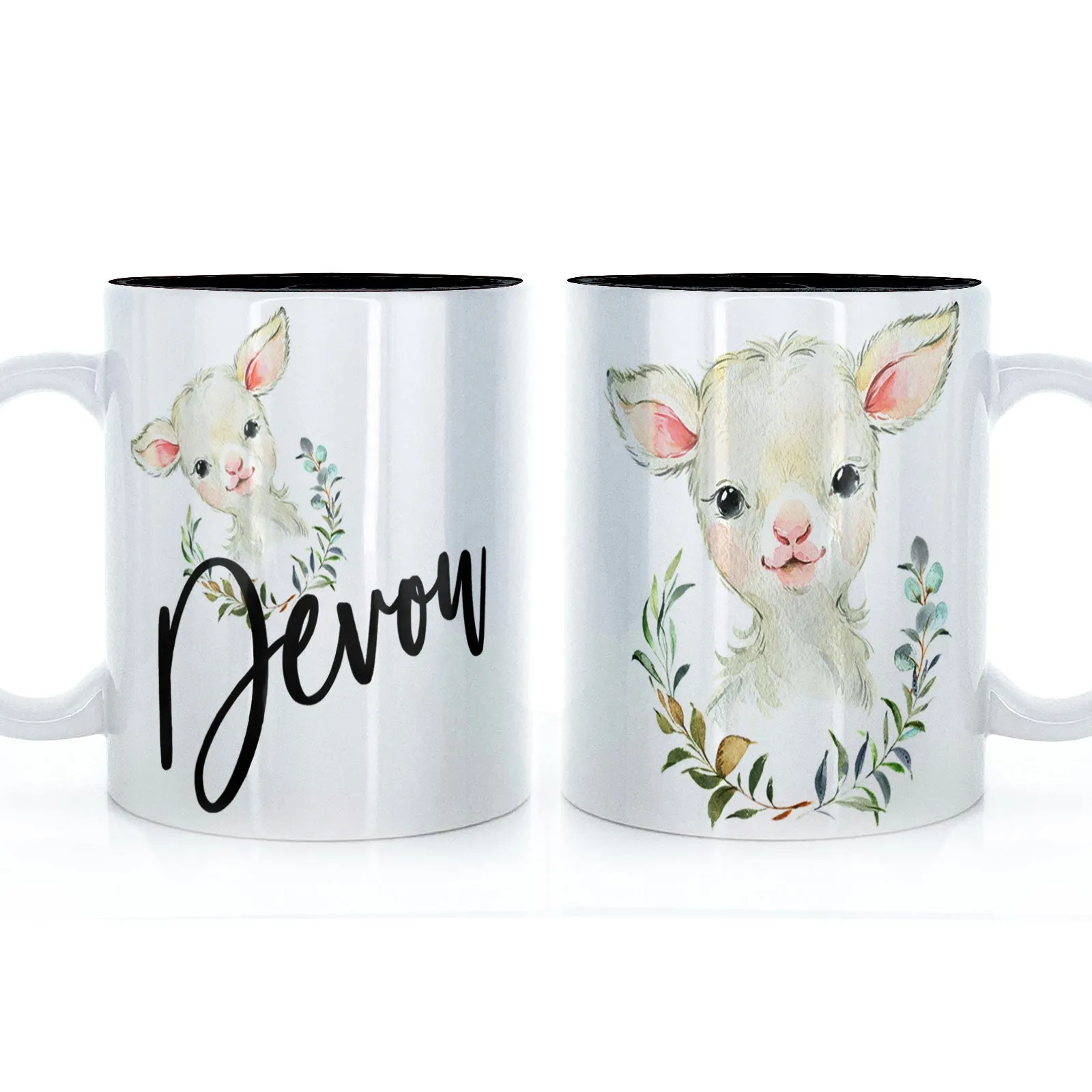 Personalised Mug with Stylish Text and Wreath Lamb