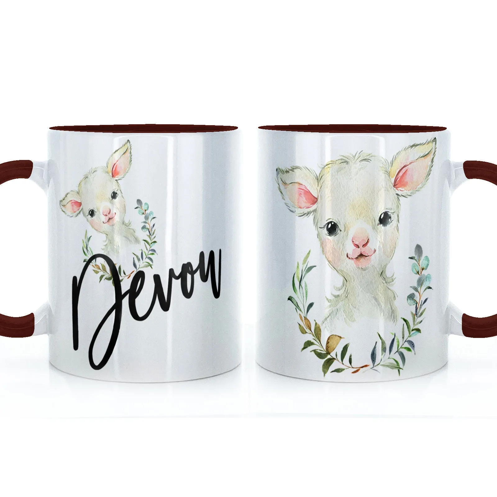 Personalised Mug with Stylish Text and Wreath Lamb