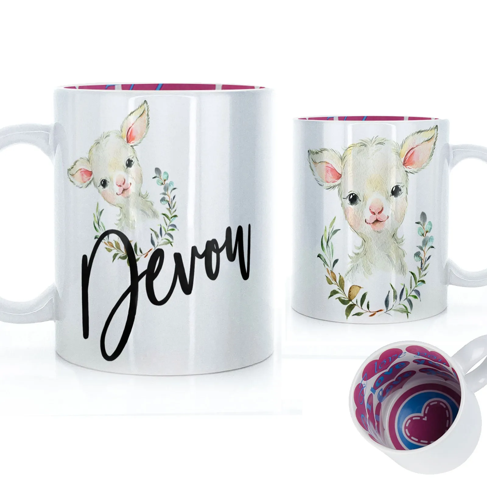 Personalised Mug with Stylish Text and Wreath Lamb
