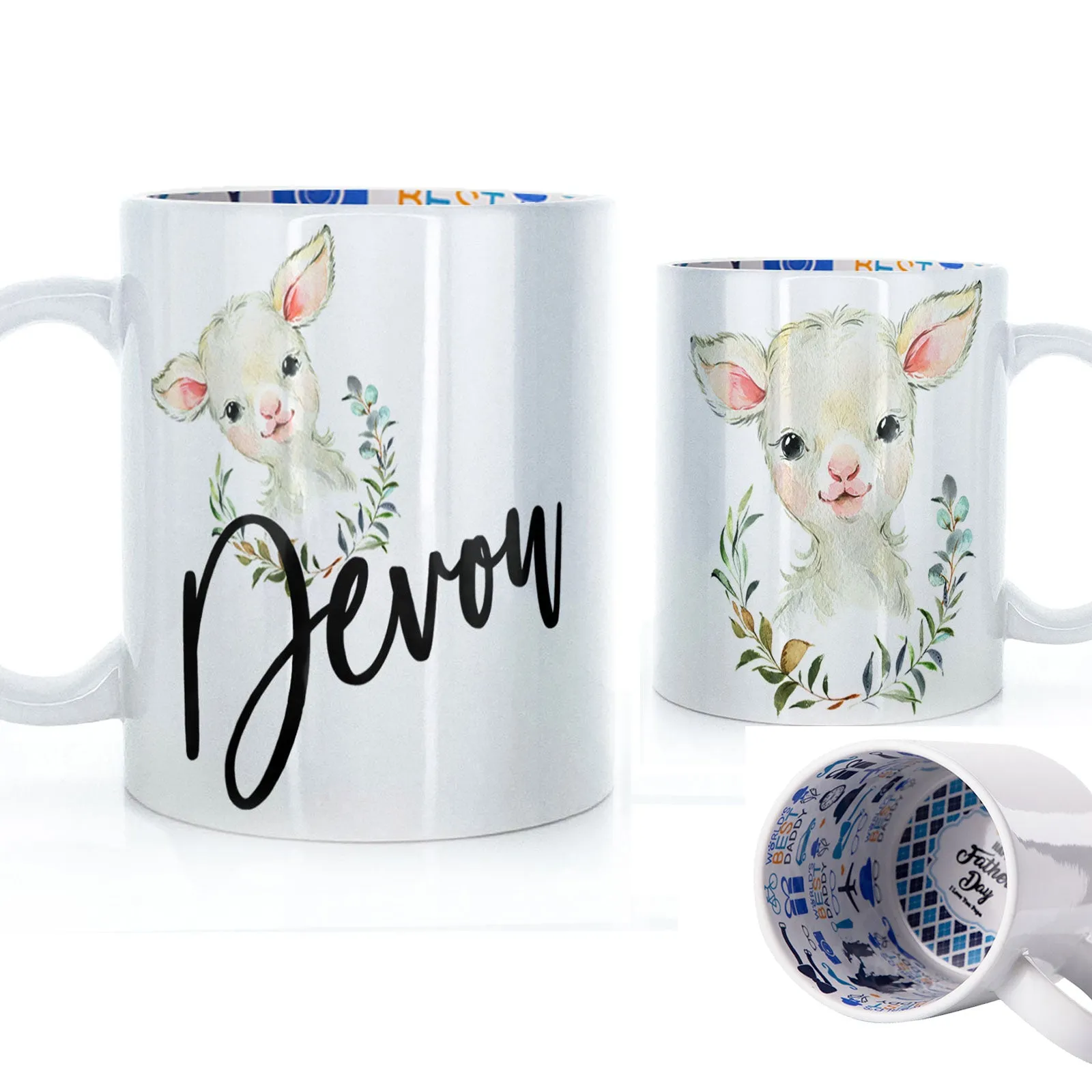 Personalised Mug with Stylish Text and Wreath Lamb