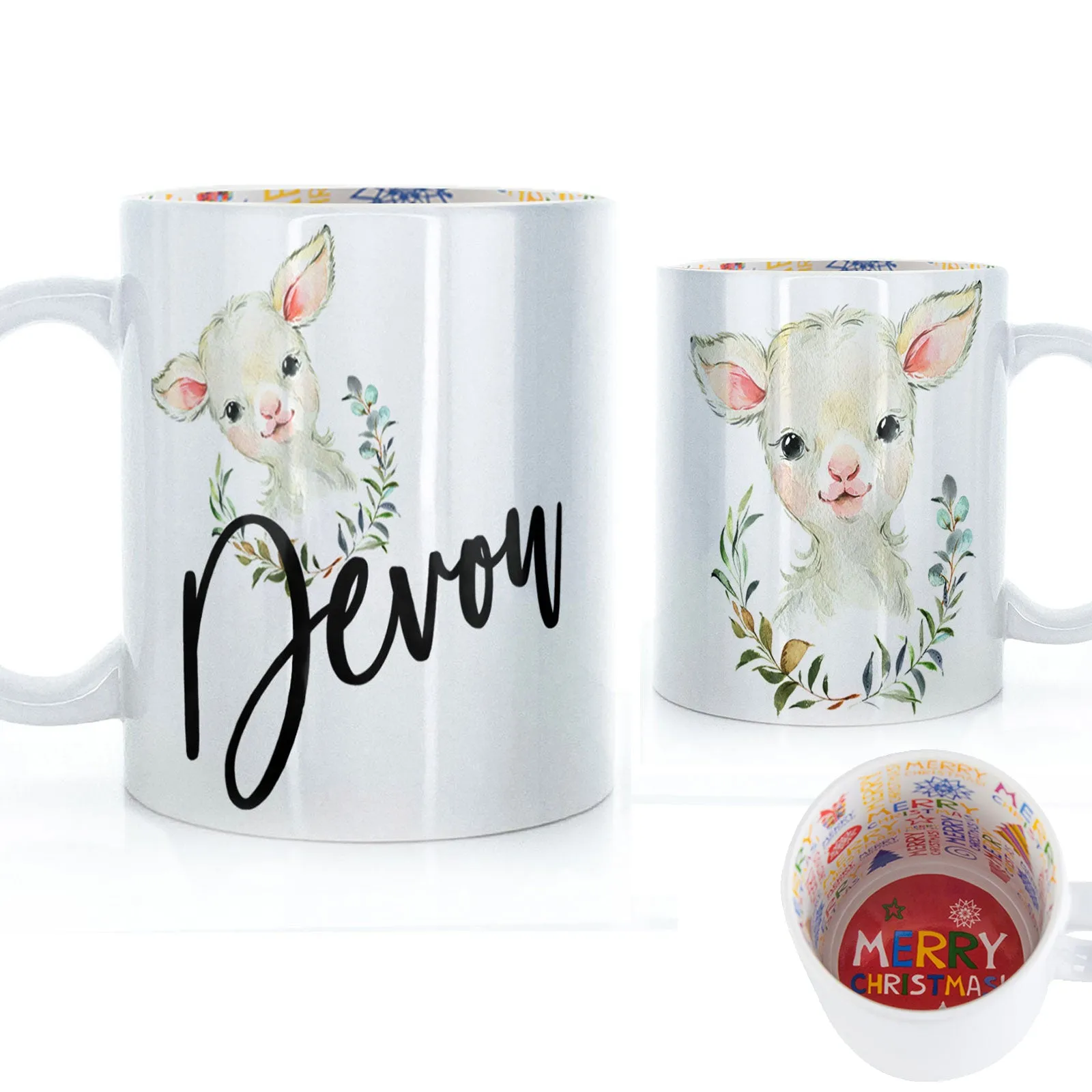 Personalised Mug with Stylish Text and Wreath Lamb