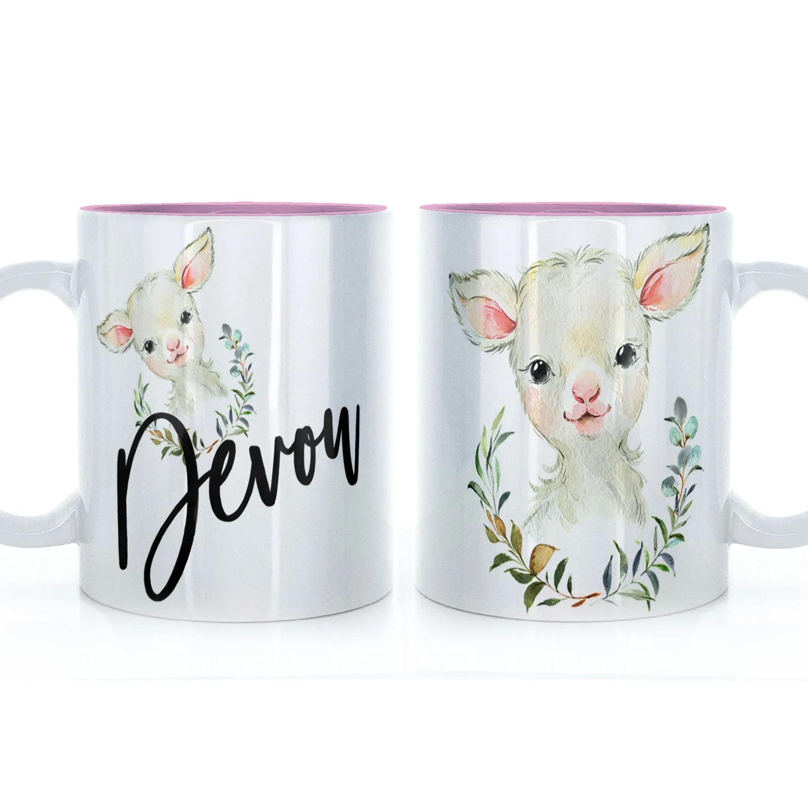 Personalised Mug with Stylish Text and Wreath Lamb