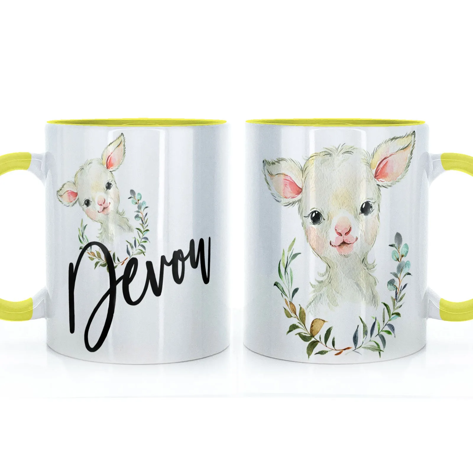 Personalised Mug with Stylish Text and Wreath Lamb
