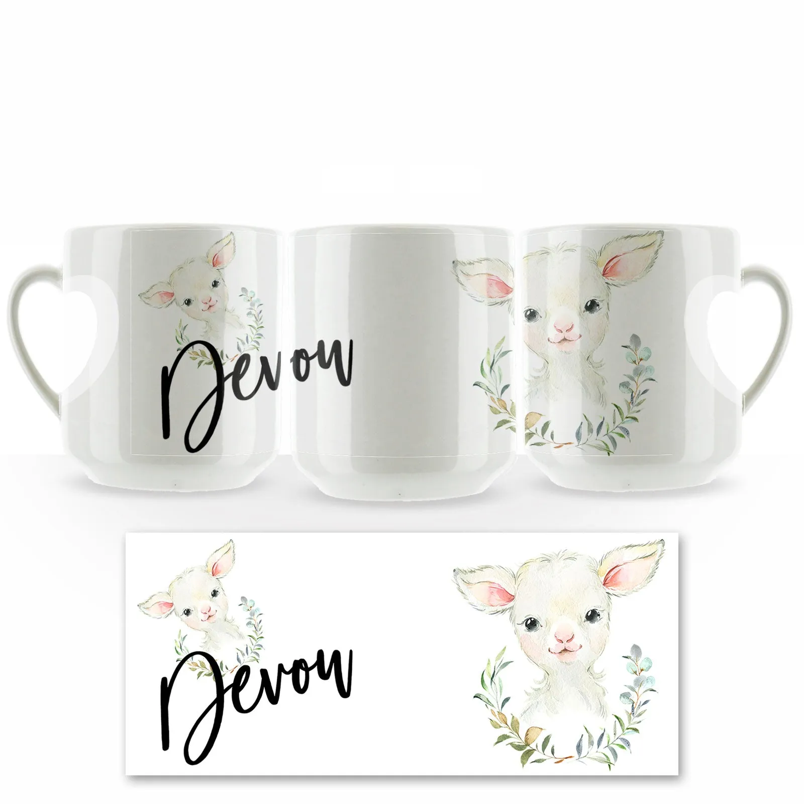 Personalised Mug with Stylish Text and Wreath Lamb