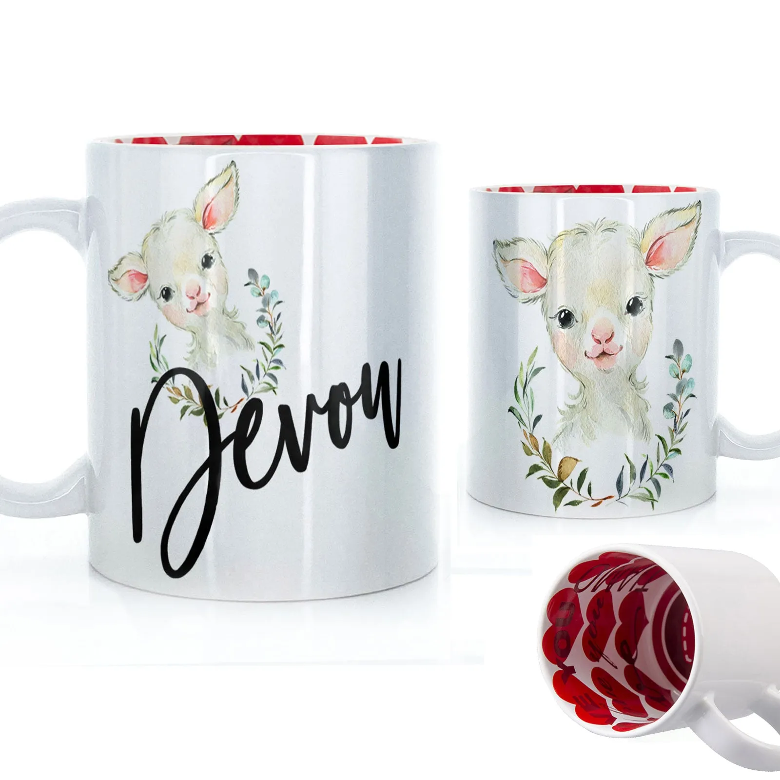 Personalised Mug with Stylish Text and Wreath Lamb