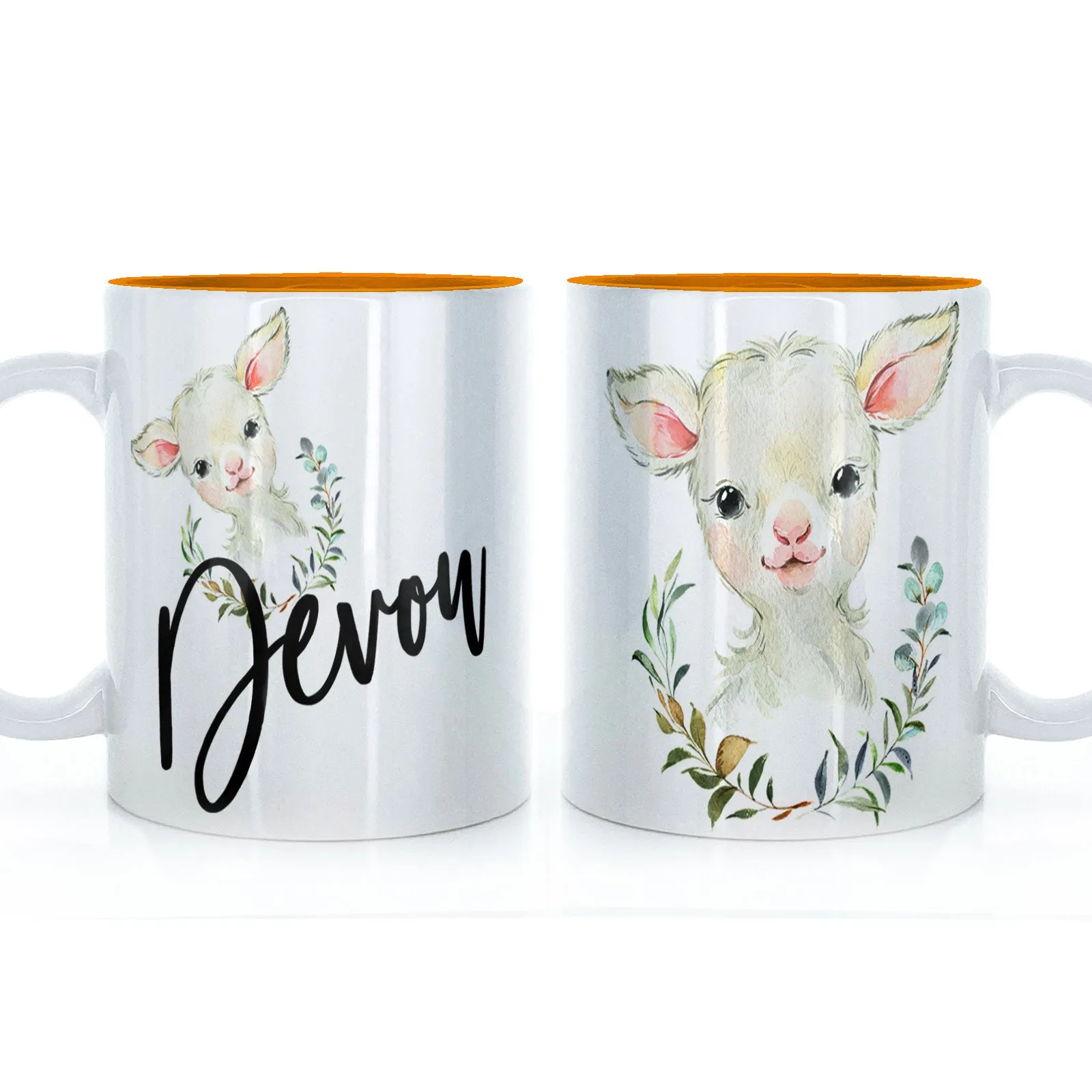 Personalised Mug with Stylish Text and Wreath Lamb