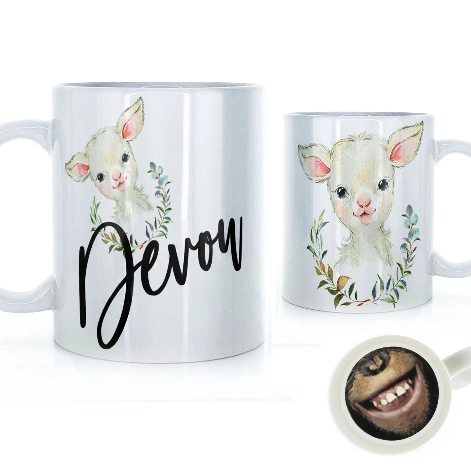Personalised Mug with Stylish Text and Wreath Lamb