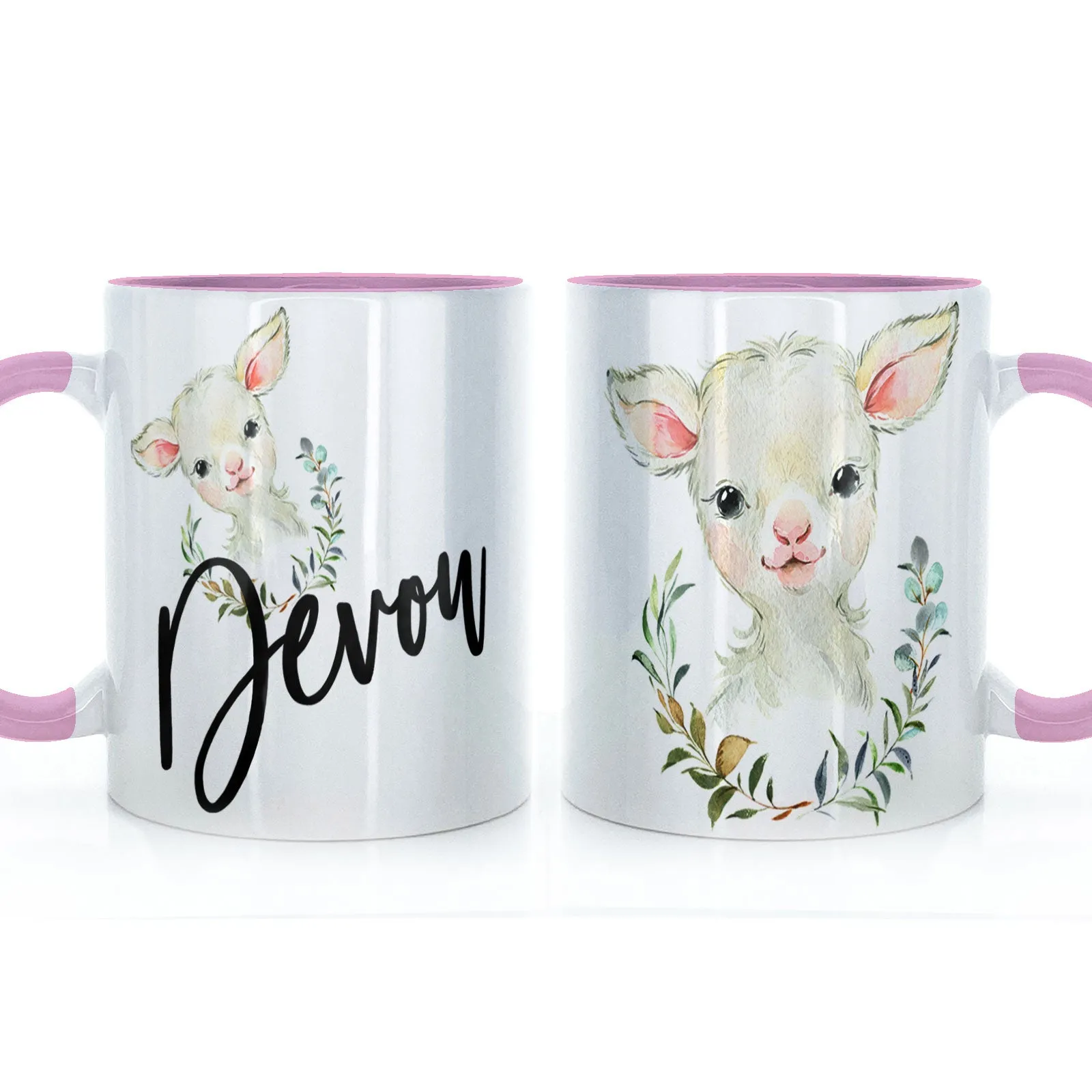 Personalised Mug with Stylish Text and Wreath Lamb