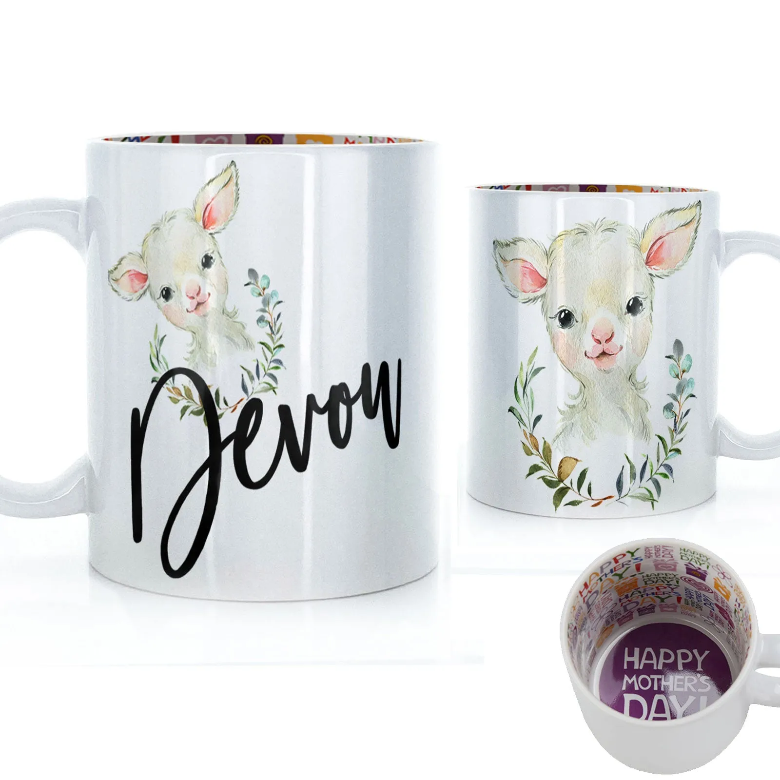 Personalised Mug with Stylish Text and Wreath Lamb