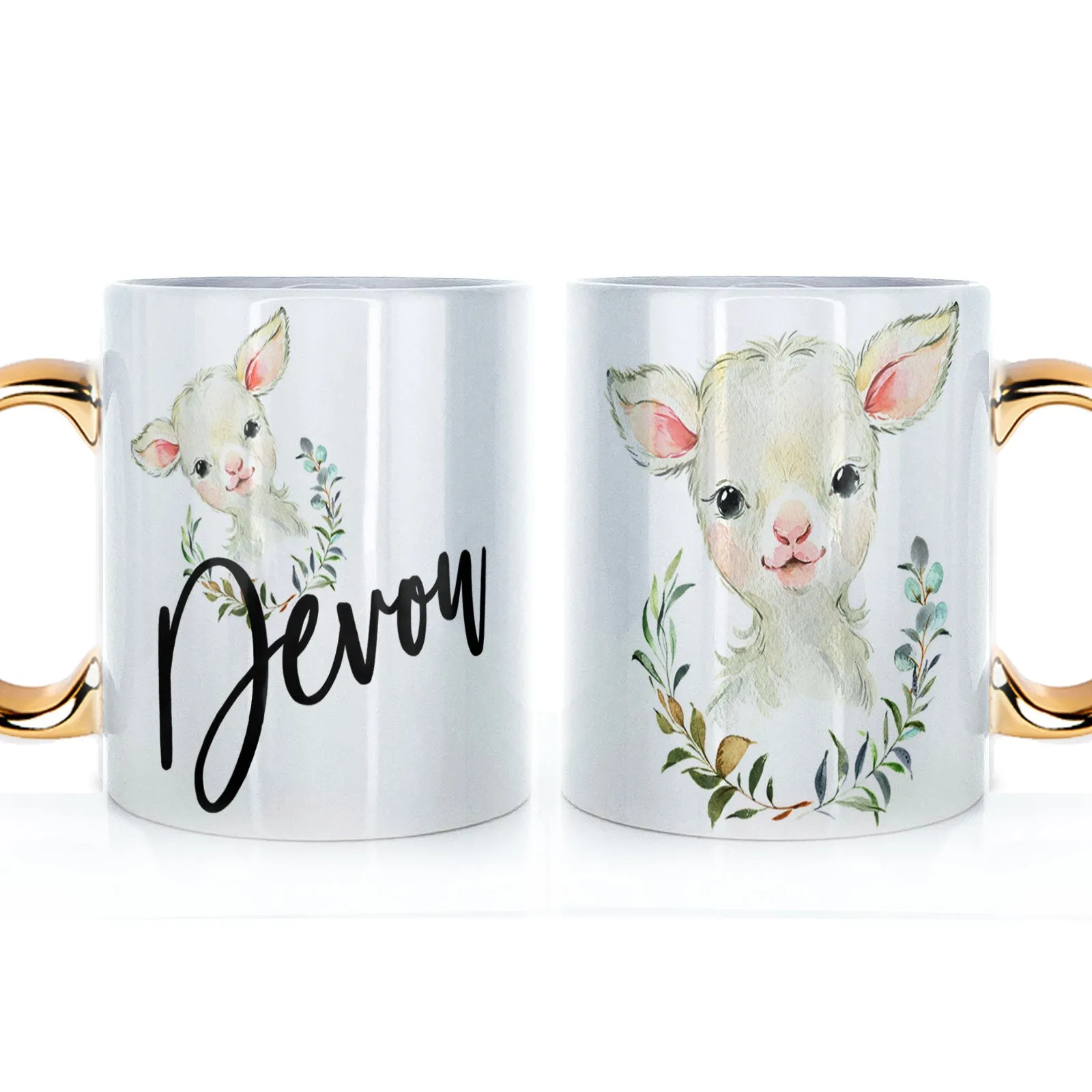 Personalised Mug with Stylish Text and Wreath Lamb