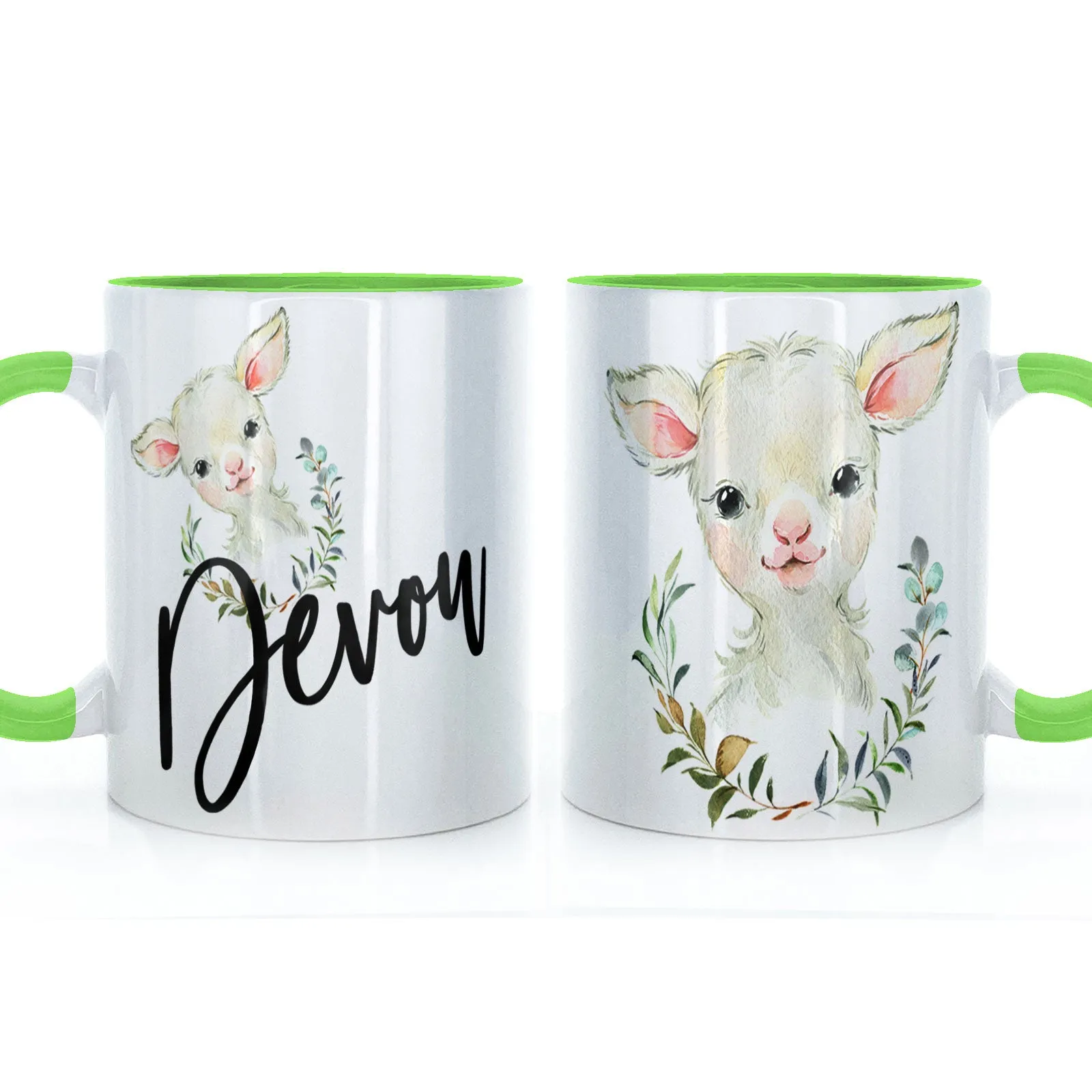 Personalised Mug with Stylish Text and Wreath Lamb