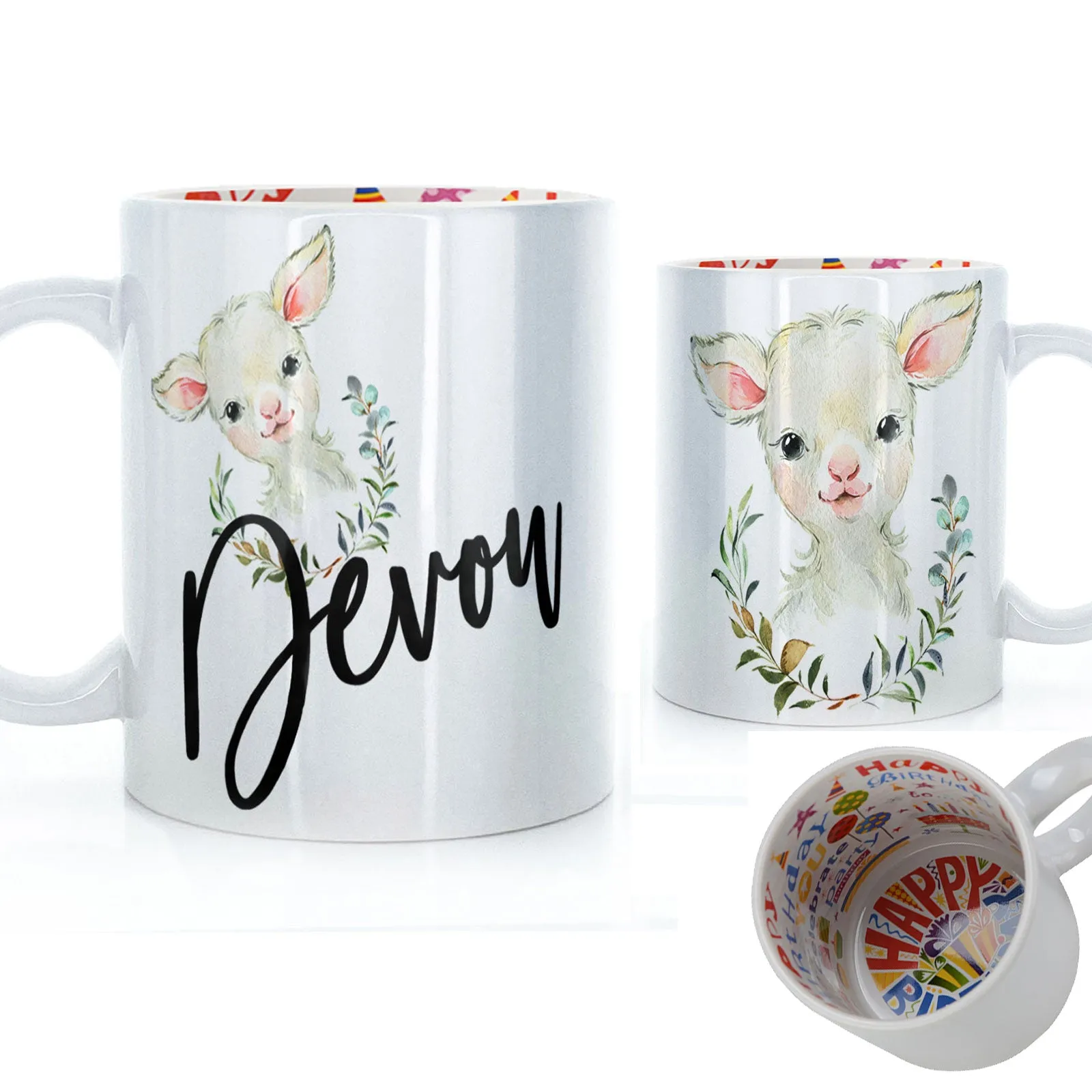 Personalised Mug with Stylish Text and Wreath Lamb