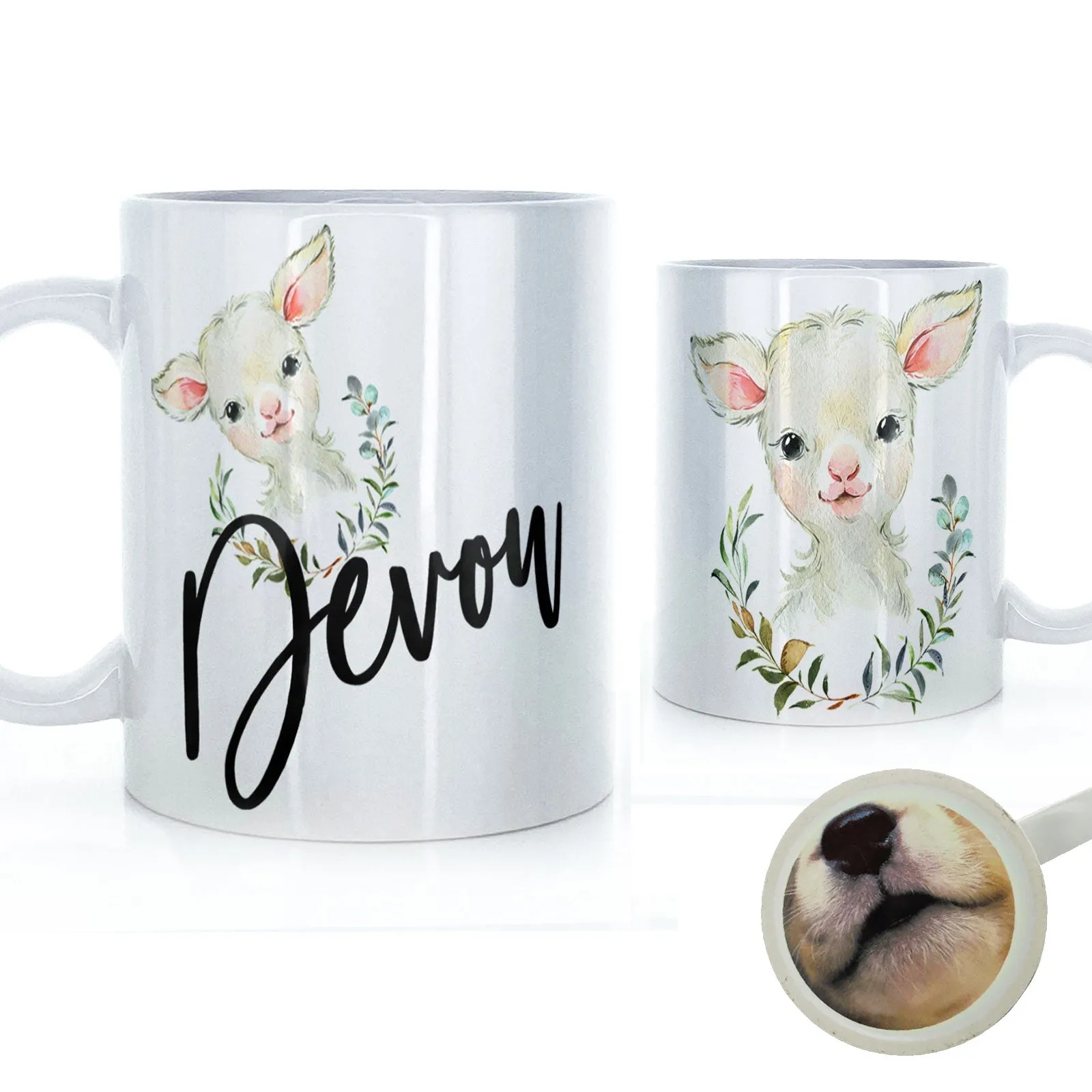 Personalised Mug with Stylish Text and Wreath Lamb
