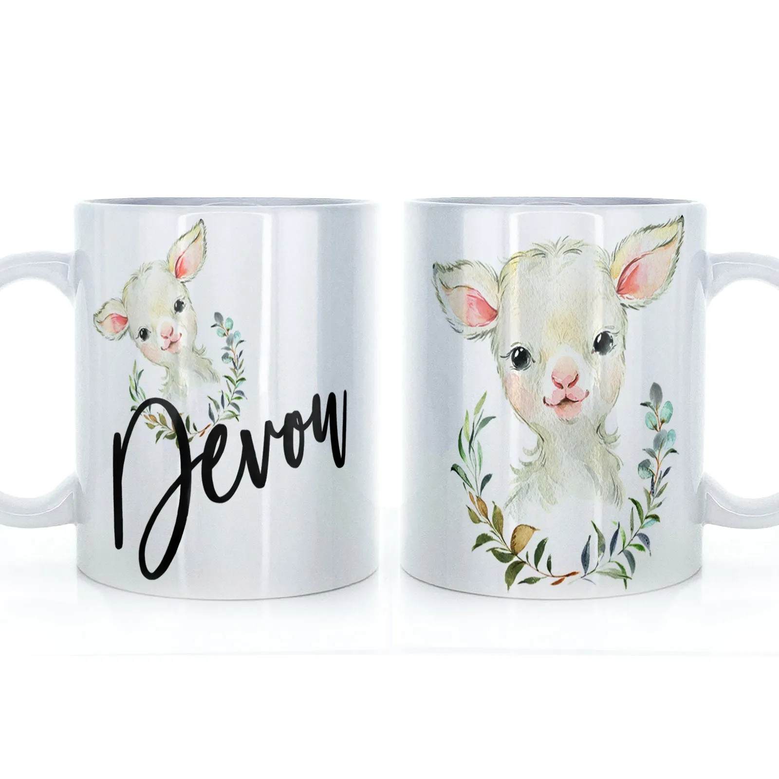 Personalised Mug with Stylish Text and Wreath Lamb