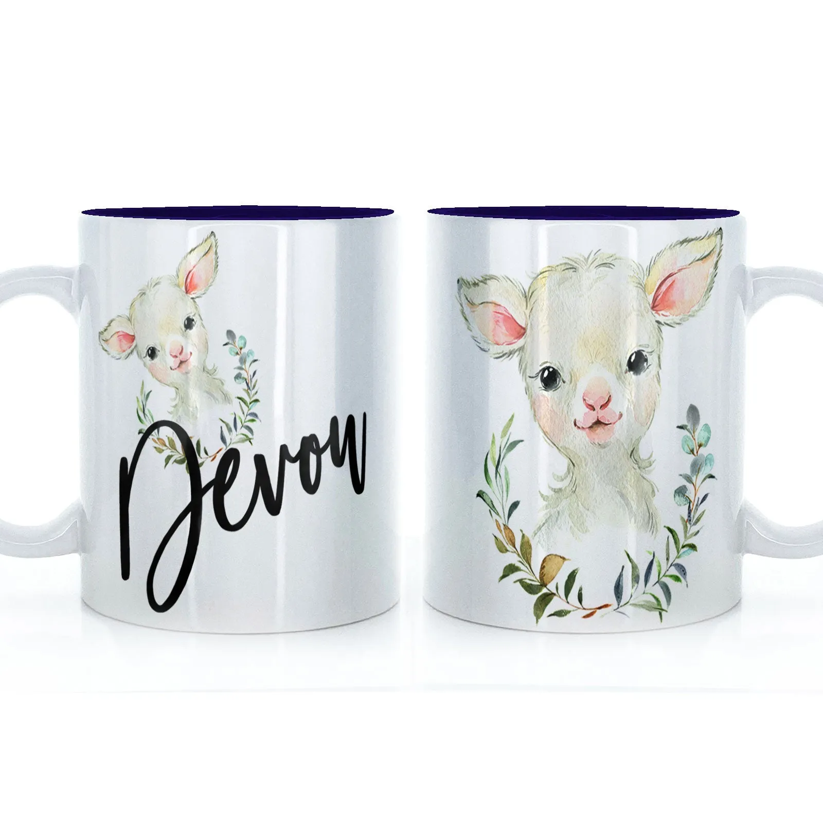Personalised Mug with Stylish Text and Wreath Lamb