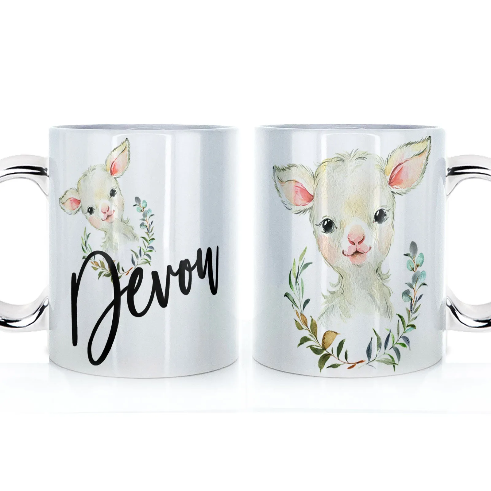 Personalised Mug with Stylish Text and Wreath Lamb