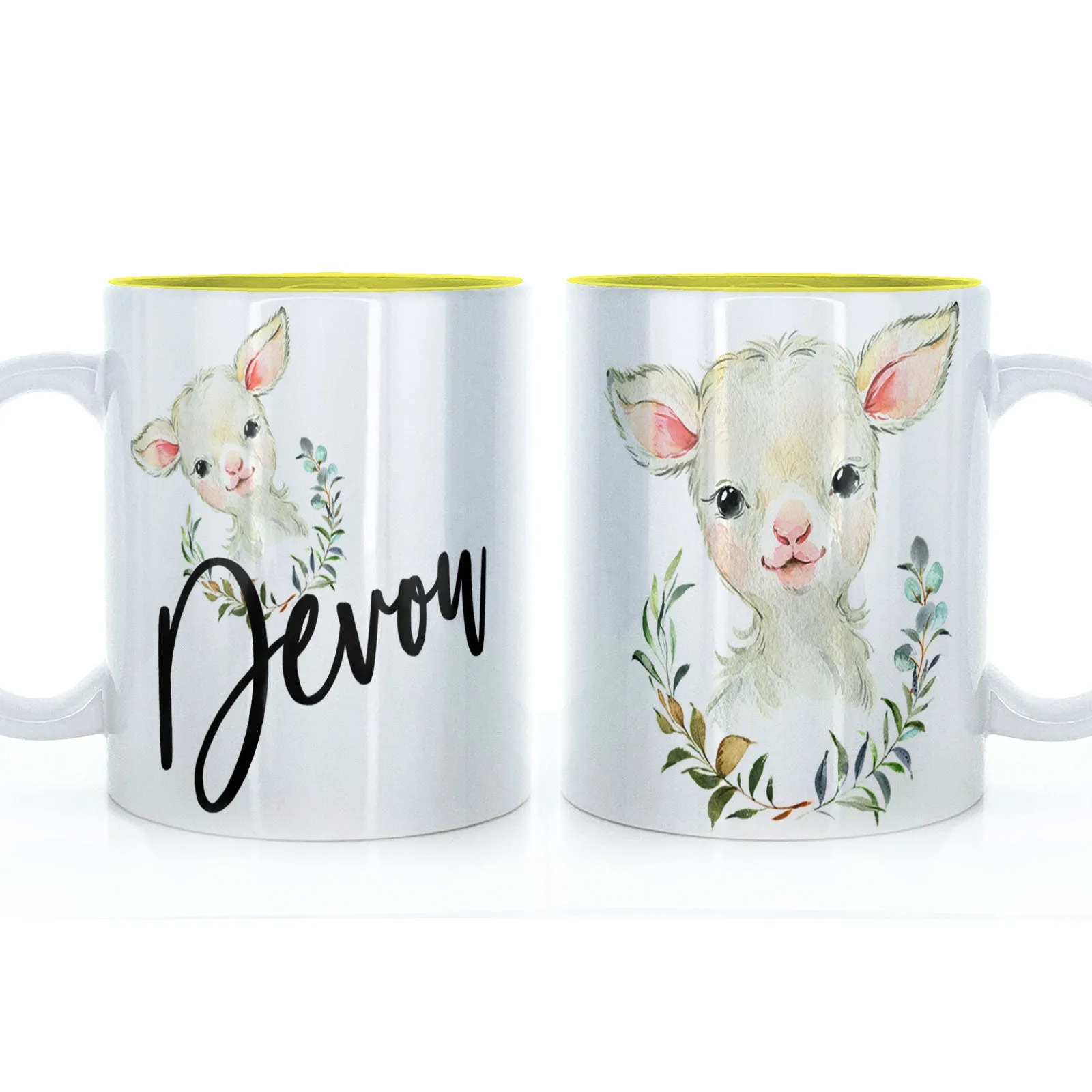 Personalised Mug with Stylish Text and Wreath Lamb