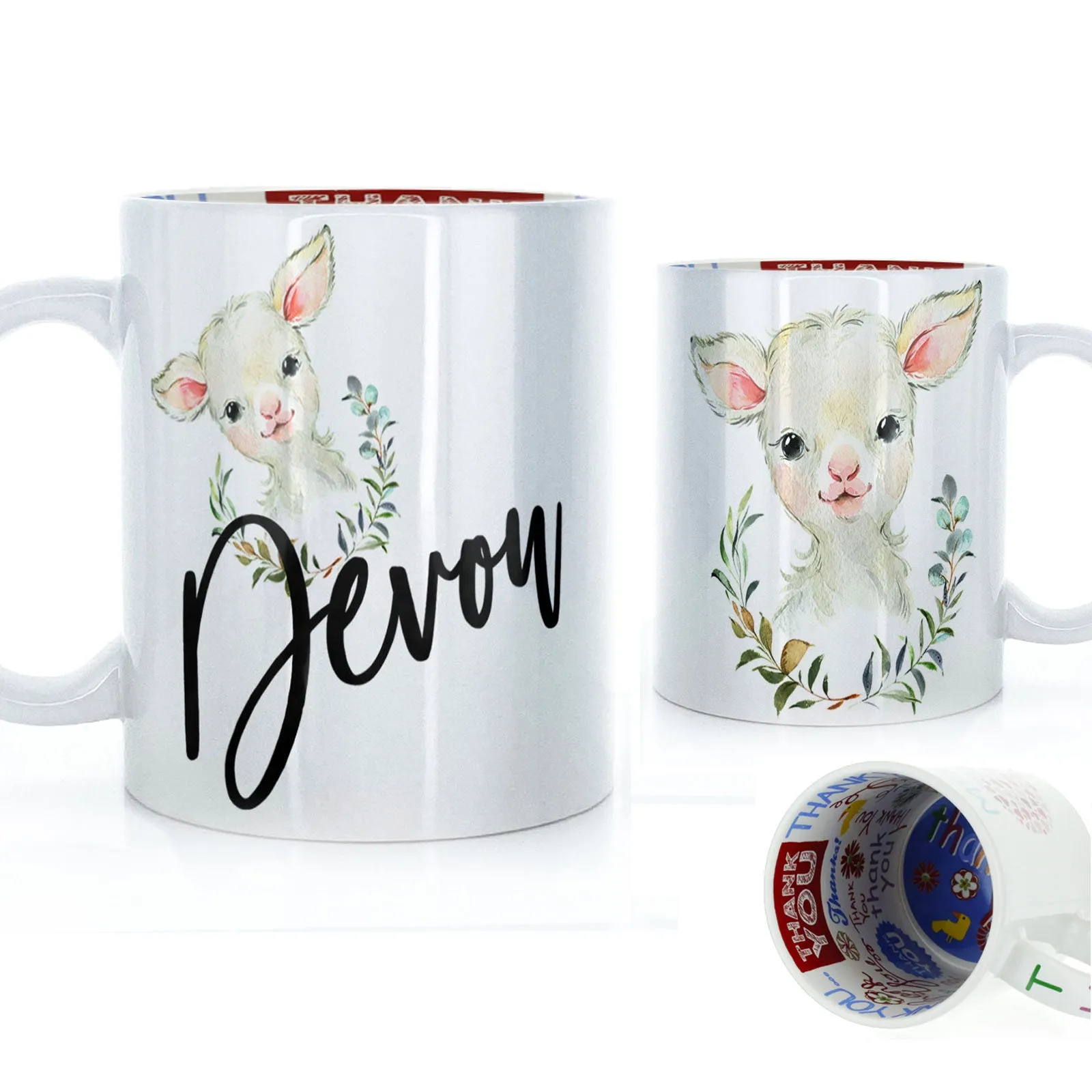 Personalised Mug with Stylish Text and Wreath Lamb