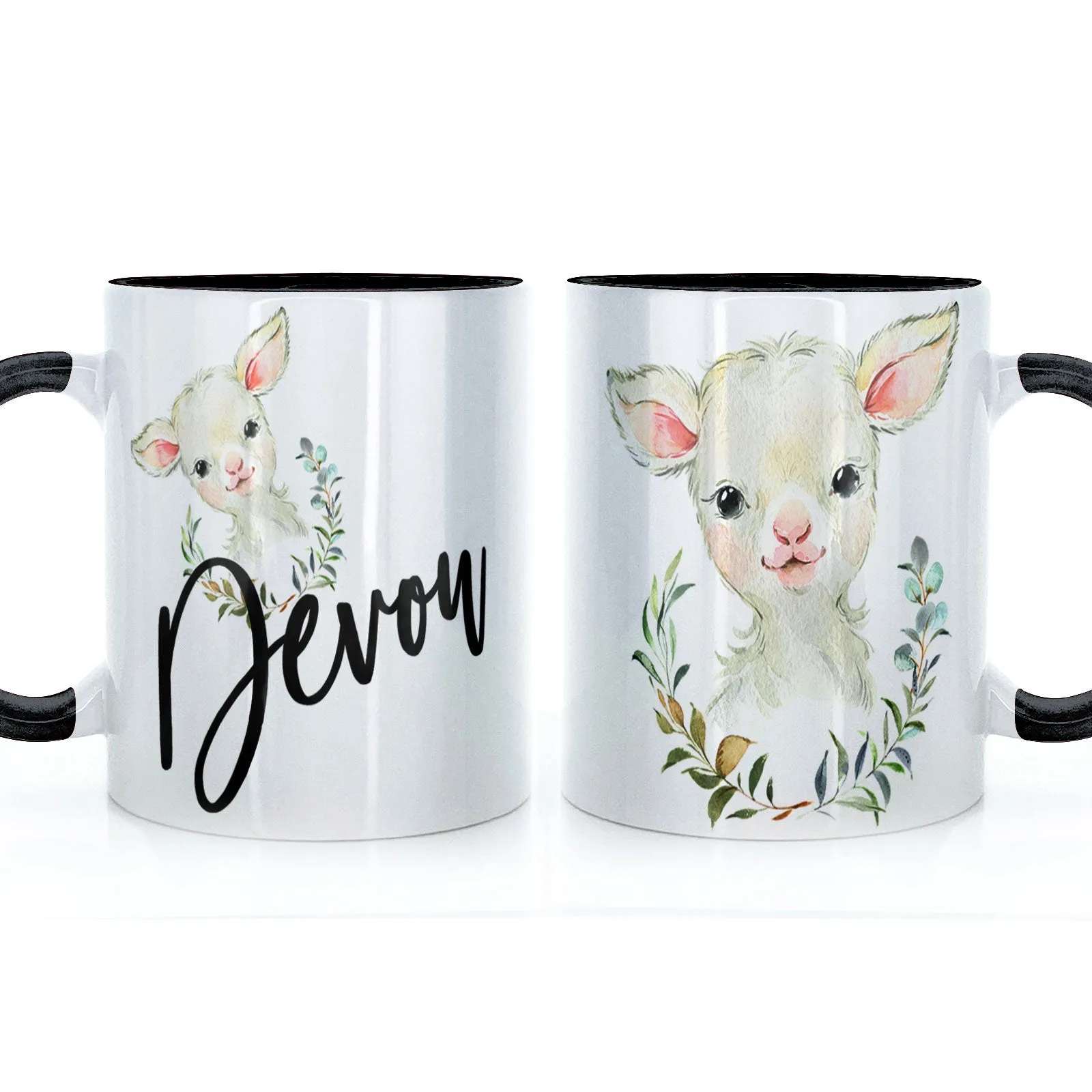 Personalised Mug with Stylish Text and Wreath Lamb
