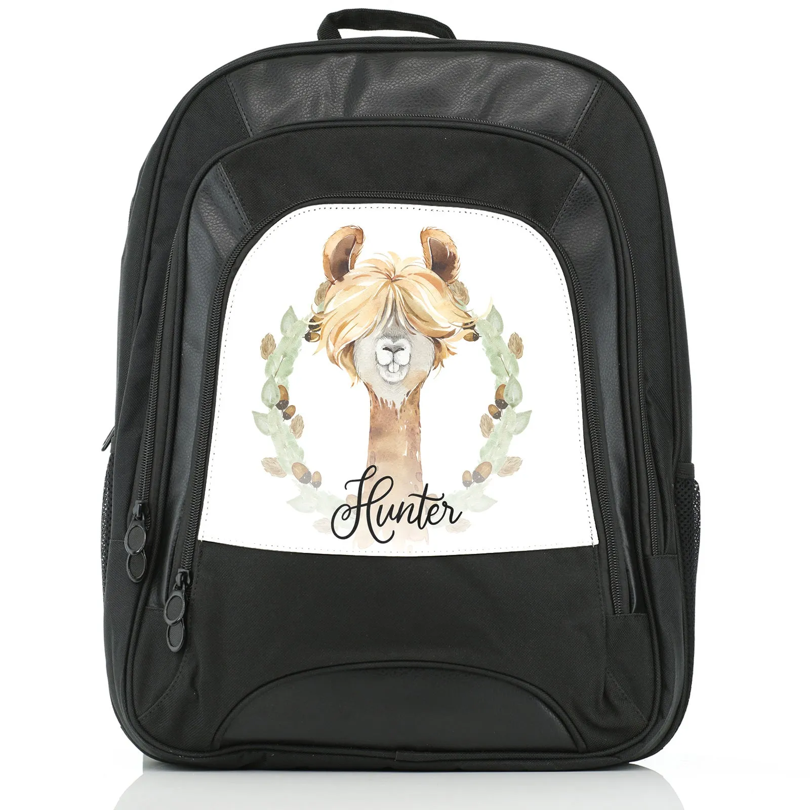 Personalised Rucksack with Brown Alpaca Acorn Wreath and Cute Text