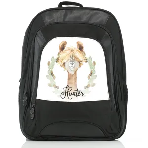 Personalised Rucksack with Brown Alpaca Acorn Wreath and Cute Text