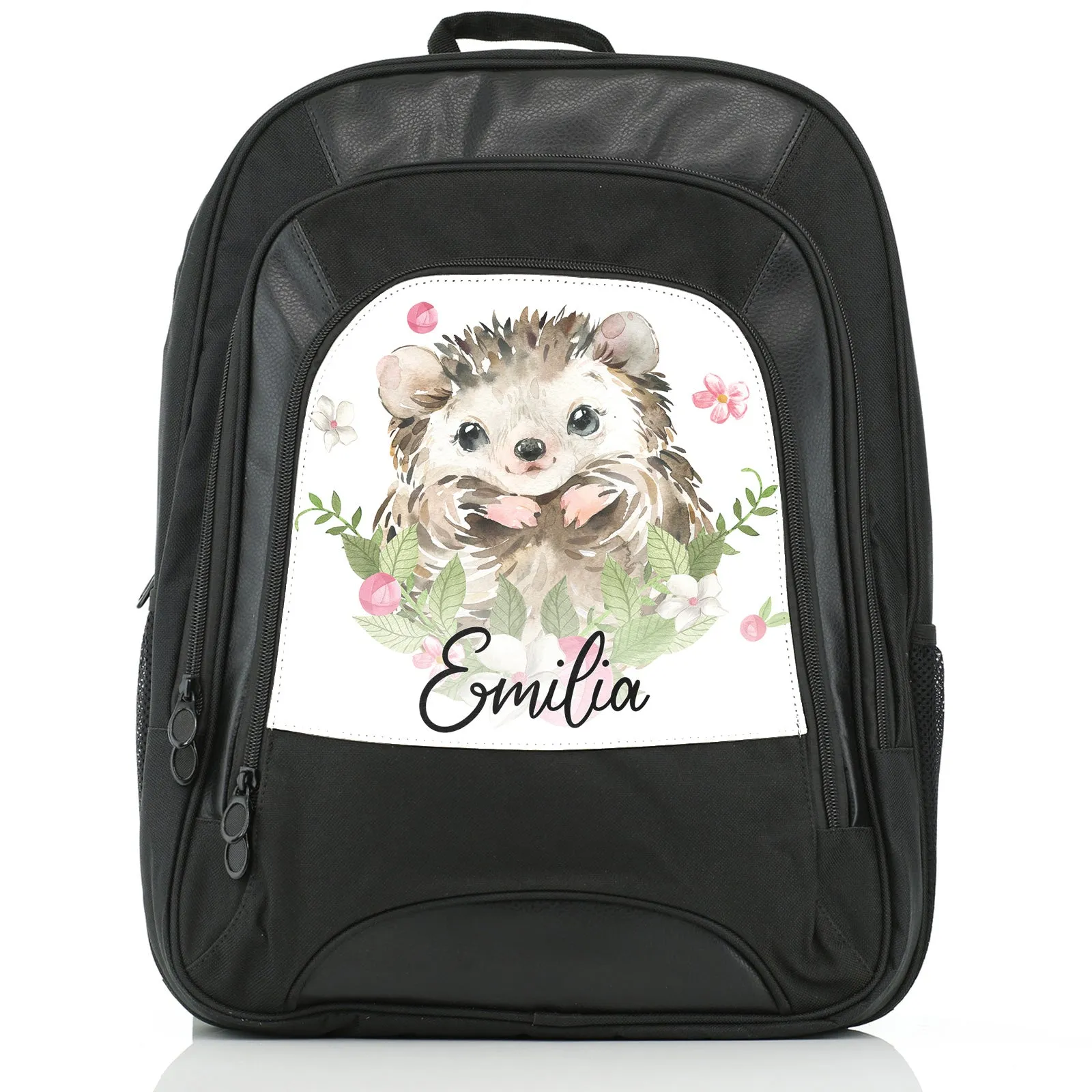 Personalised Rucksack with Hedgehog Pink Flowers and Cute Text