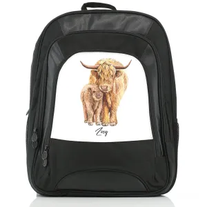 Personalised Rucksack with Welcoming Text and Relaxing Mum and Baby Highland Cows