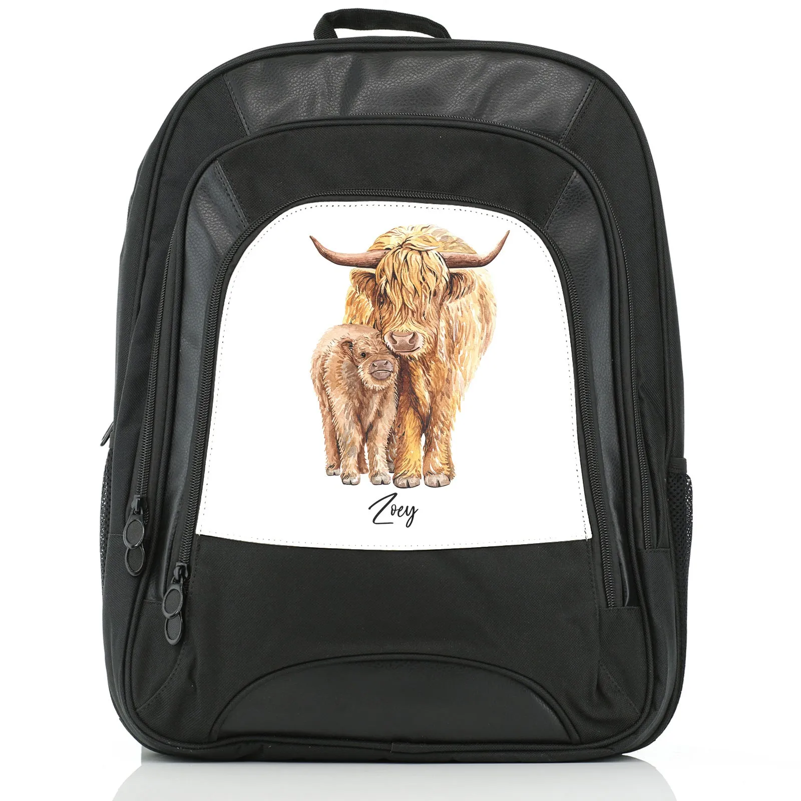 Personalised Rucksack with Welcoming Text and Relaxing Mum and Baby Highland Cows