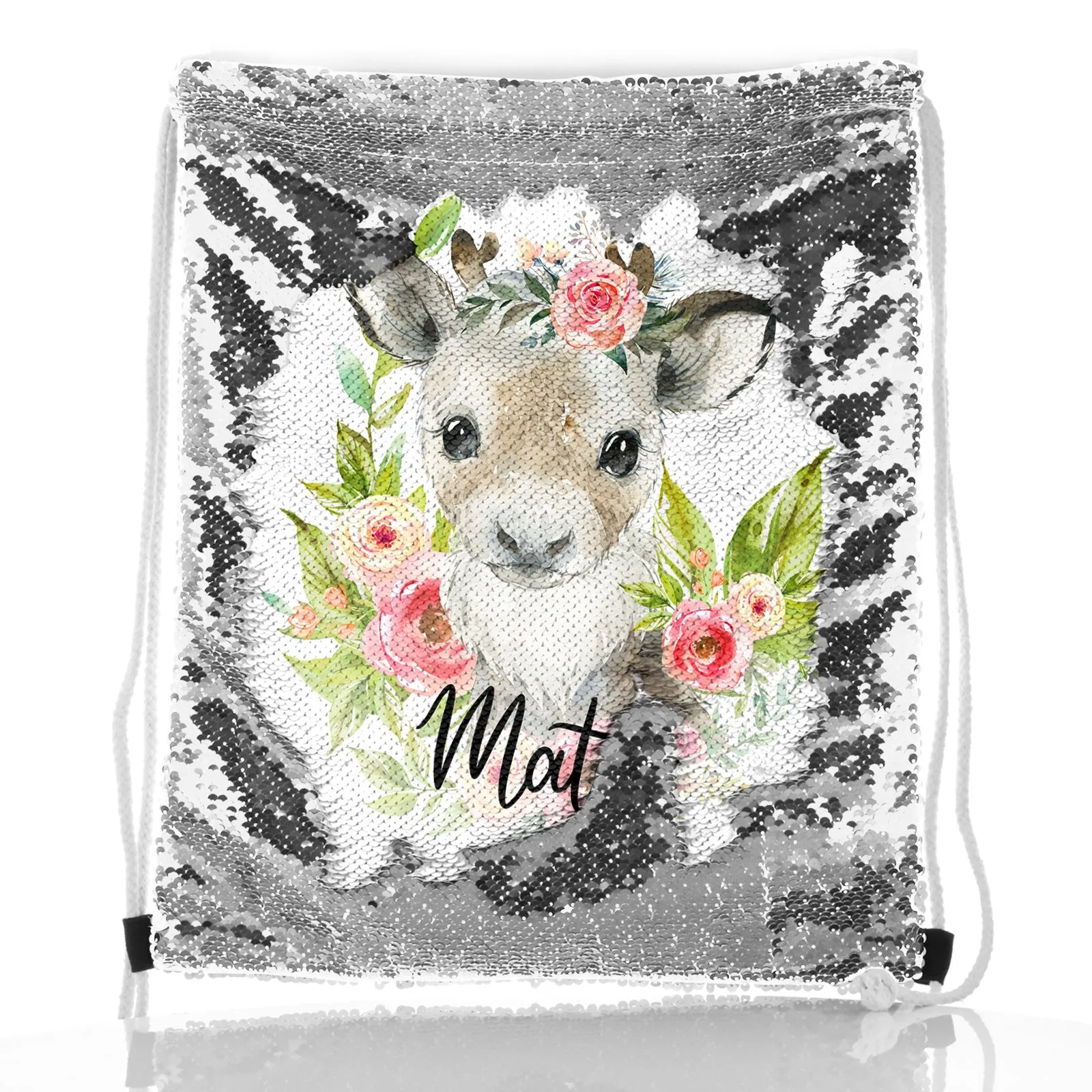 Personalised Sequin Drawstring Backpack with Reindeer Pink Flowers and Cute Text