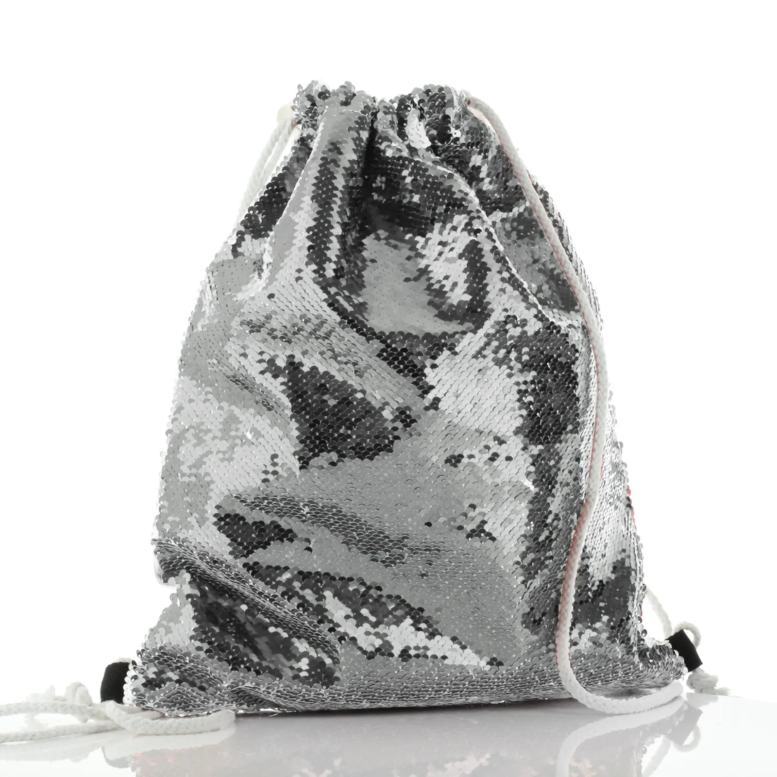 Personalised Sequin Drawstring Backpack with Reindeer Pink Flowers and Cute Text