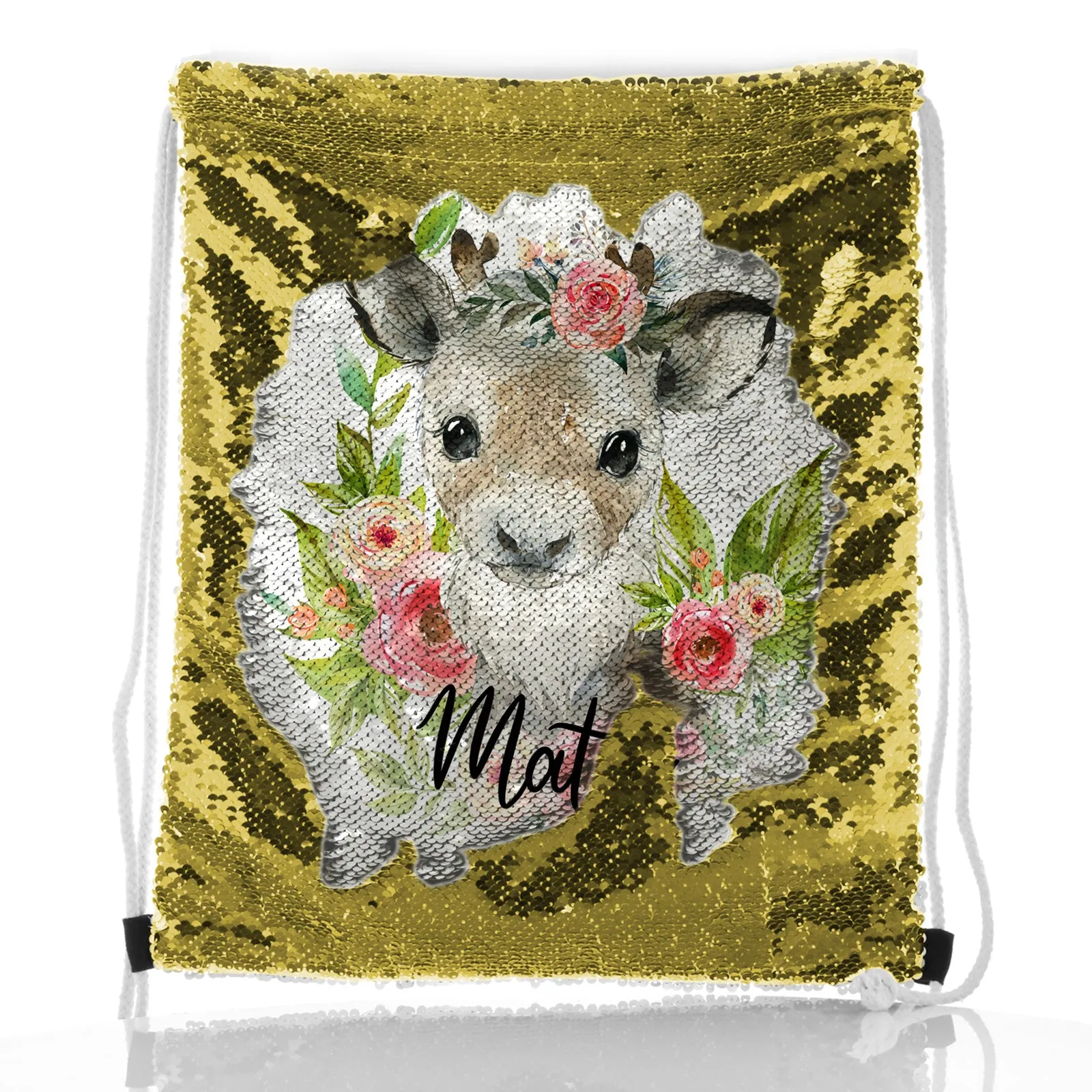Personalised Sequin Drawstring Backpack with Reindeer Pink Flowers and Cute Text