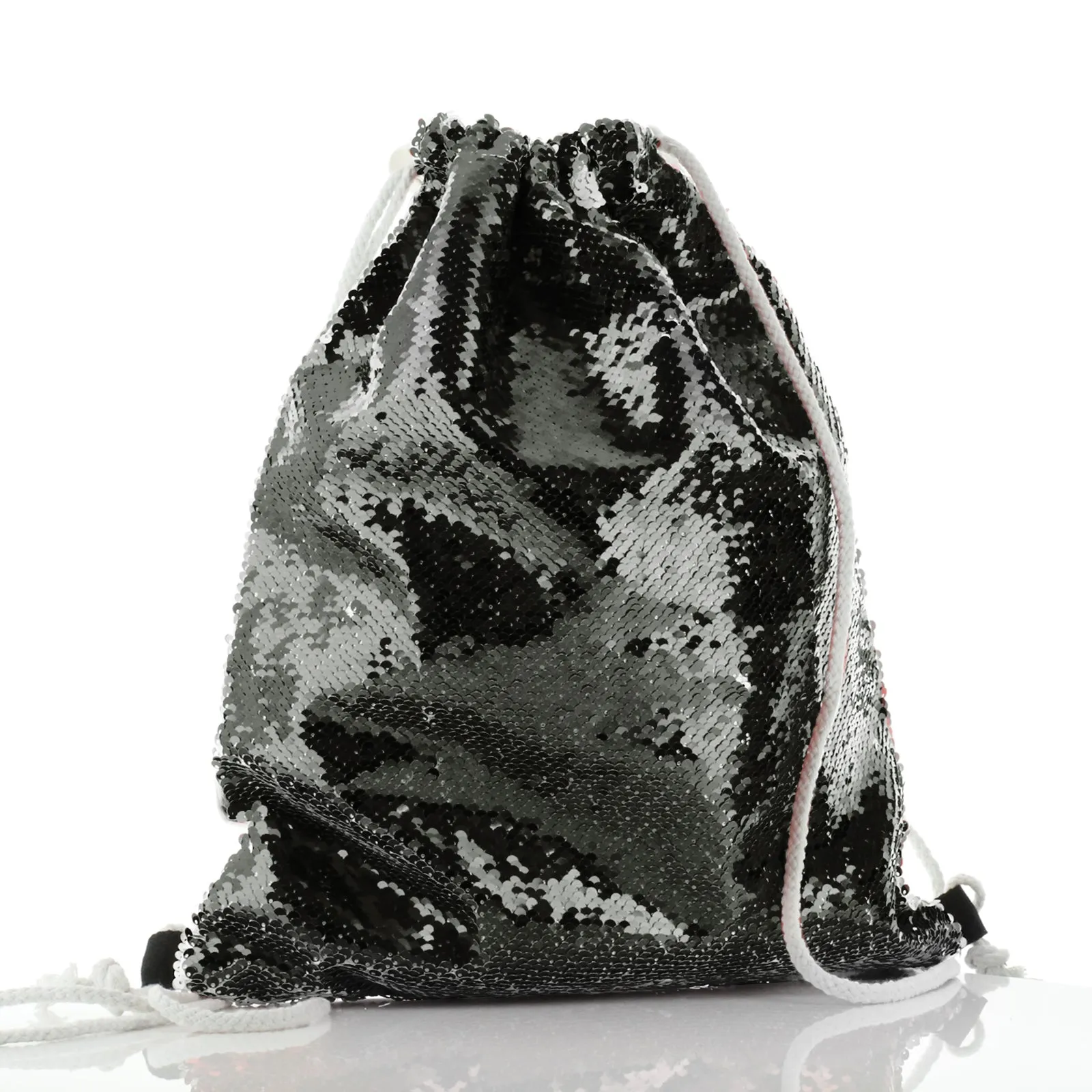 Personalised Sequin Drawstring Backpack with Reindeer Pink Flowers and Cute Text