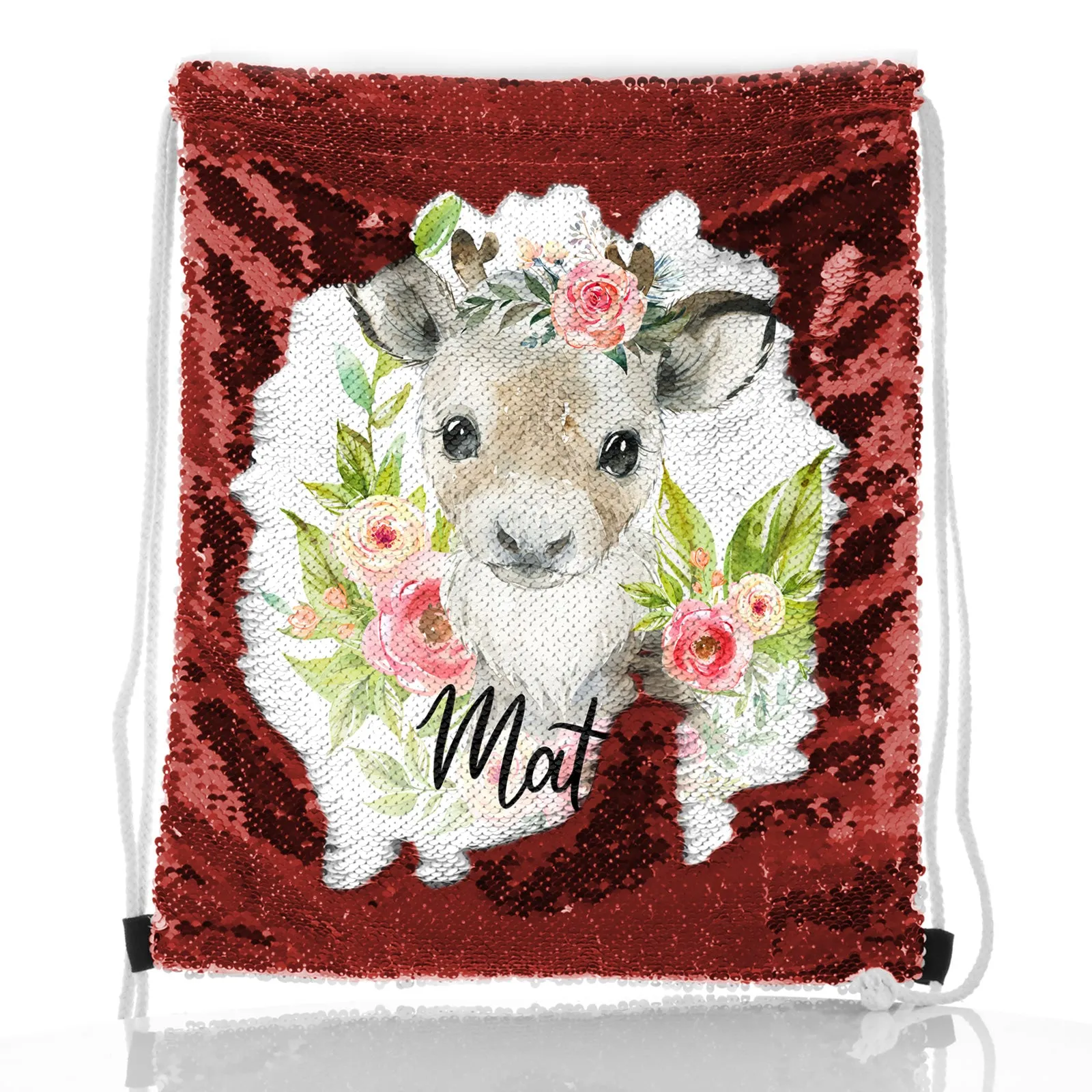 Personalised Sequin Drawstring Backpack with Reindeer Pink Flowers and Cute Text