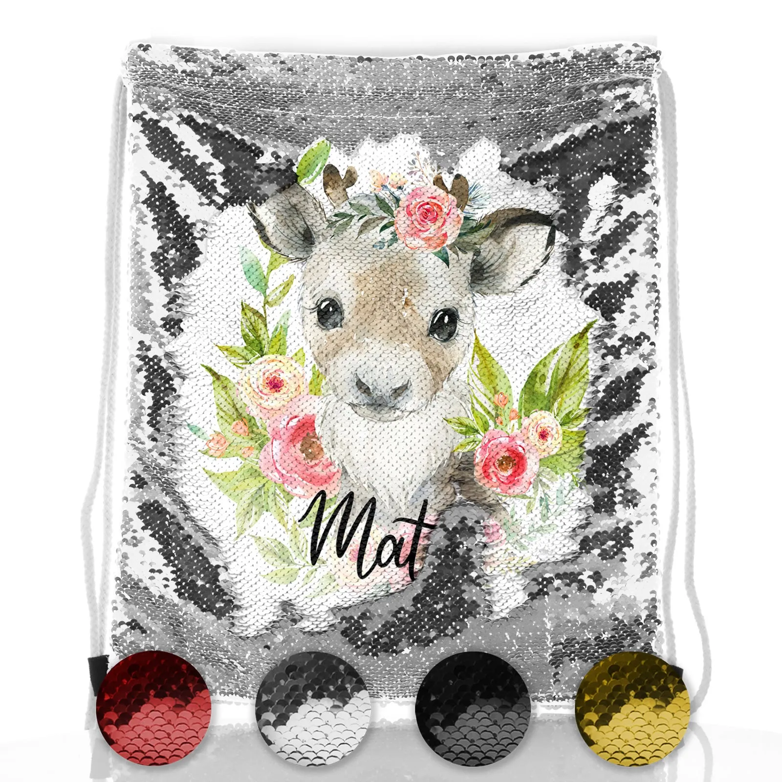 Personalised Sequin Drawstring Backpack with Reindeer Pink Flowers and Cute Text