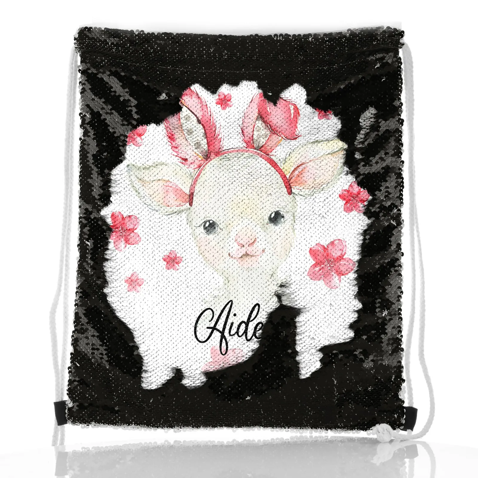 Personalised Sequin Drawstring Backpack with White Lamb Pink Bunny Ears and Flowers and Cute Text